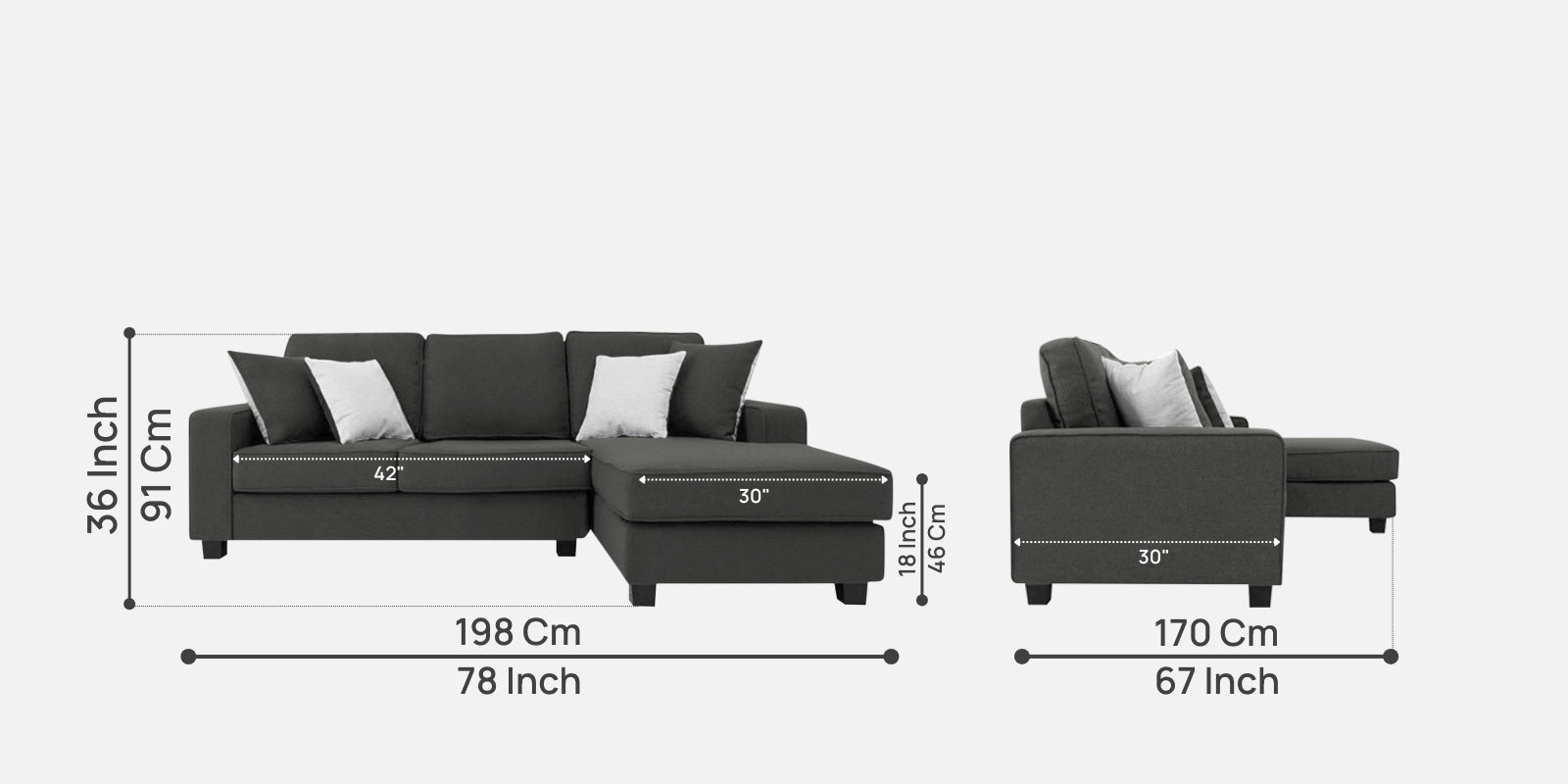 Ladybug Fabric LHS Sectional Sofa (2+Lounger) In Charcoal Grey Colour - Febonic Living