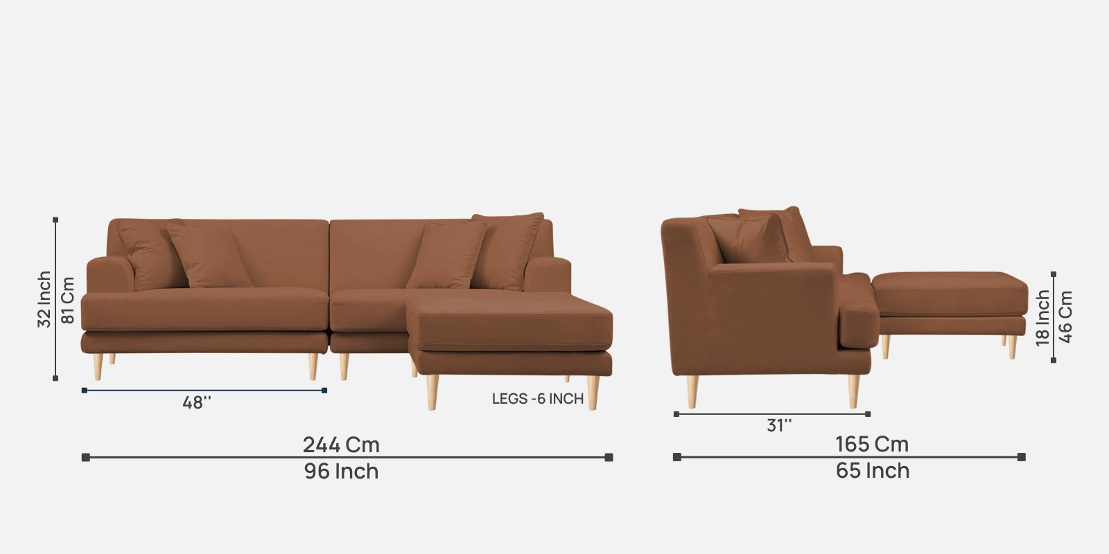 Woody Fabric LHS Sectional Sofa (3+Lounger) In Caramel Beige Colour - Febonic Living