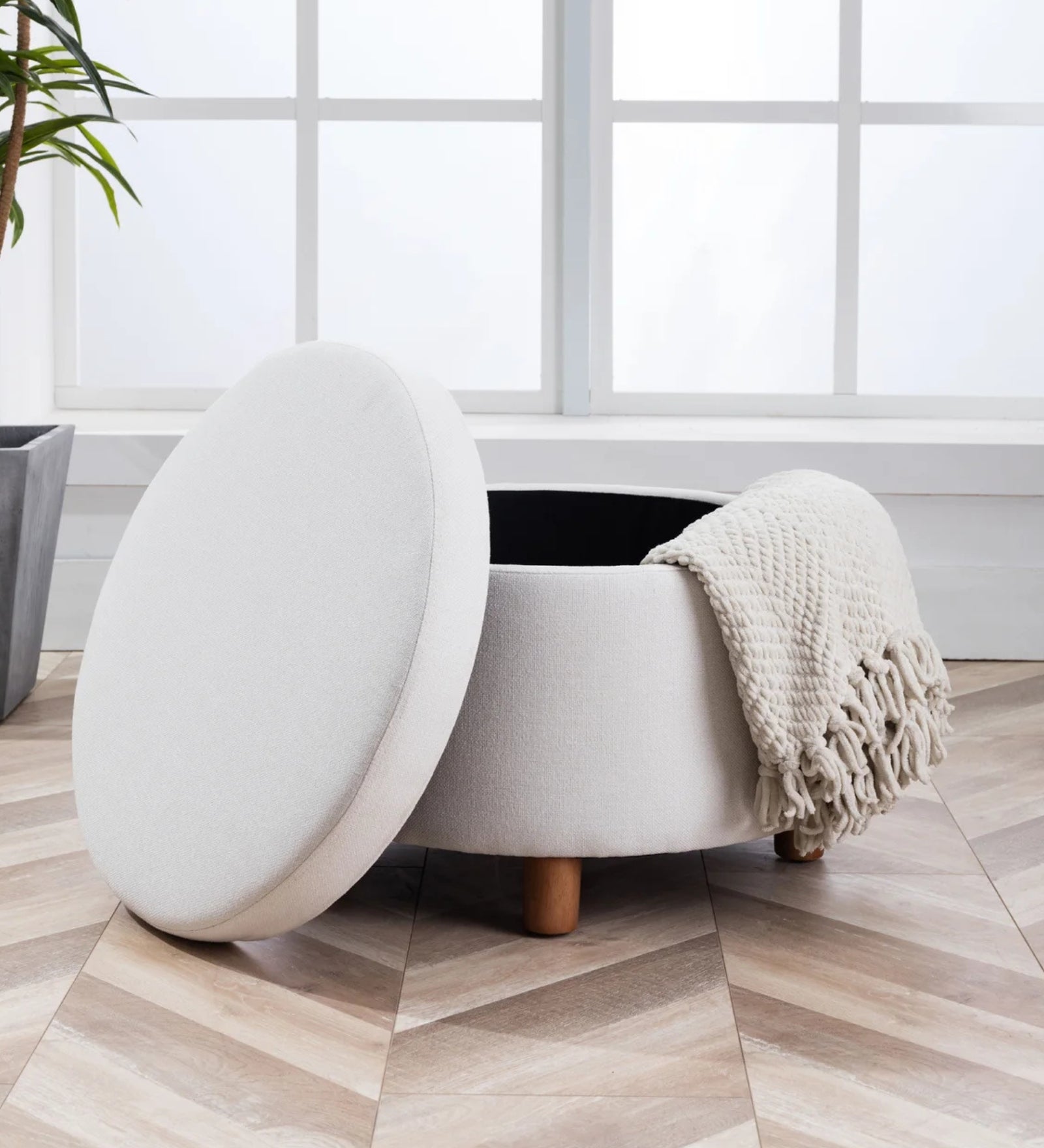 Meera Fabric Ottoman In Lit Grey Colour With Storage - Febonic Living
