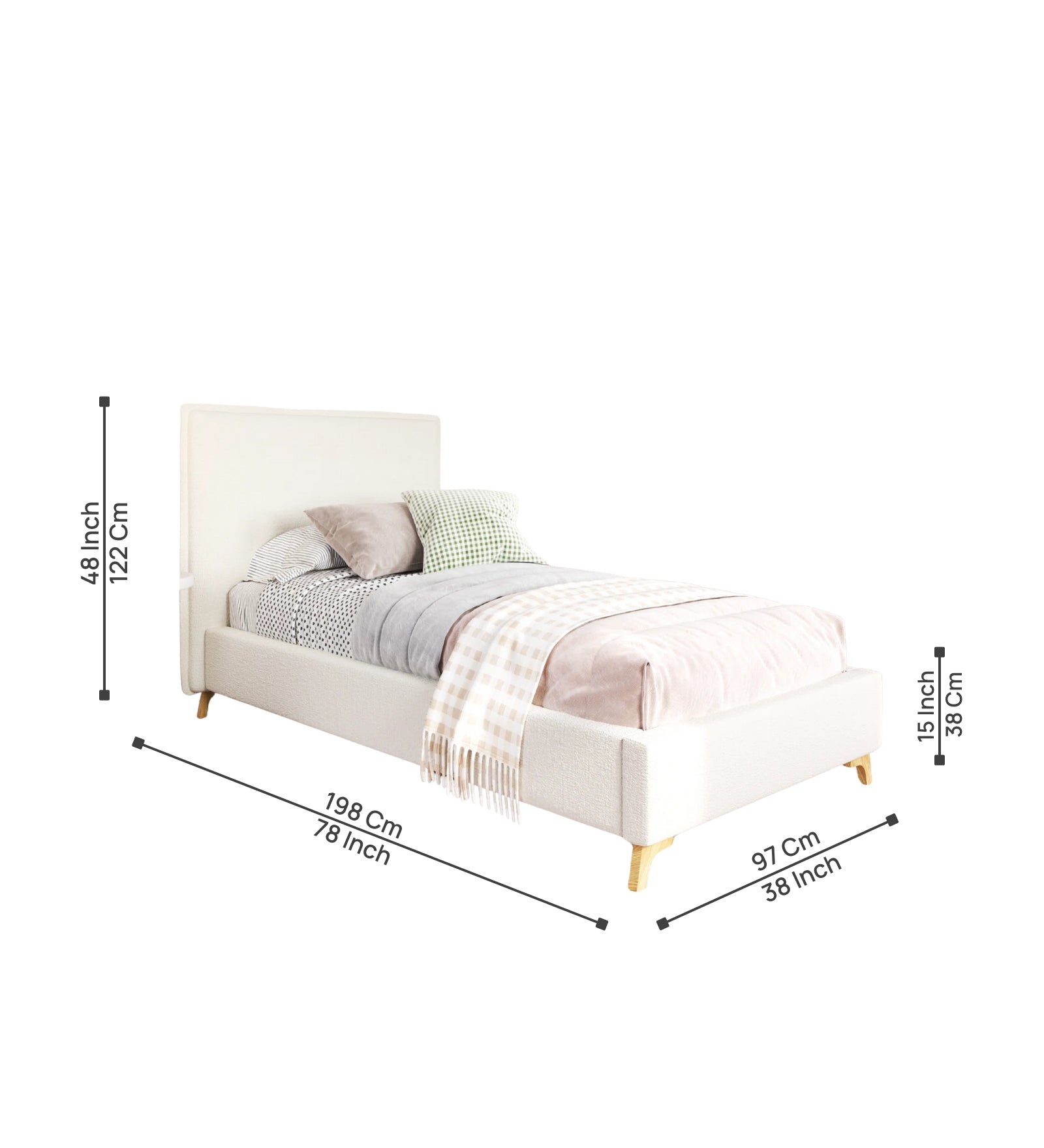 Jiva Boucle Fabric Upholstered Single Size Bed in Shell White Colour - Febonic Living