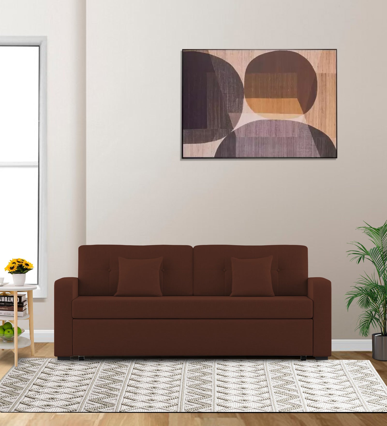 Rocky Fabric 3 Seater Pull Out Sofa Cum Bed In Coffee Brown Colour With Storage - Febonic Living