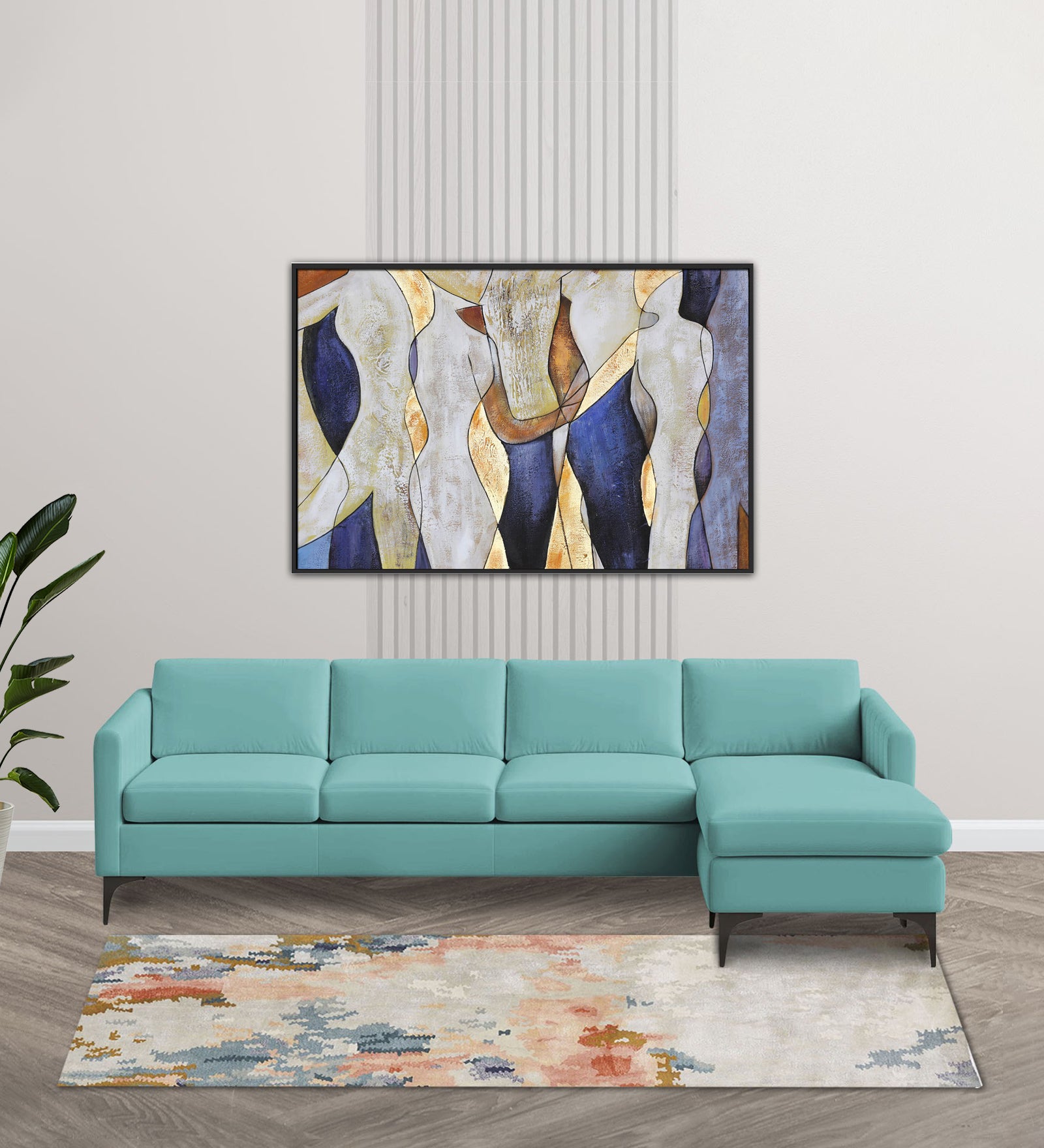 Haru Fabric LHS Sectional Sofa (3+Lounger) In Barmunda Aqua Colour - Febonic Living