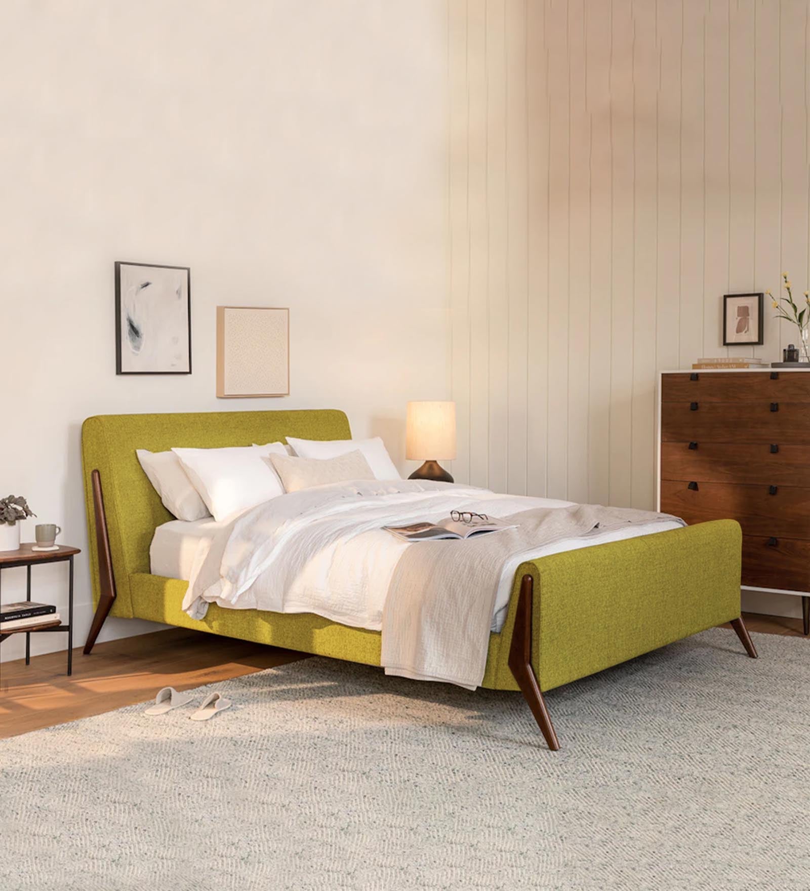 Catla Fabric Queen Size Bed In Parrot Green Colour - Febonic Living