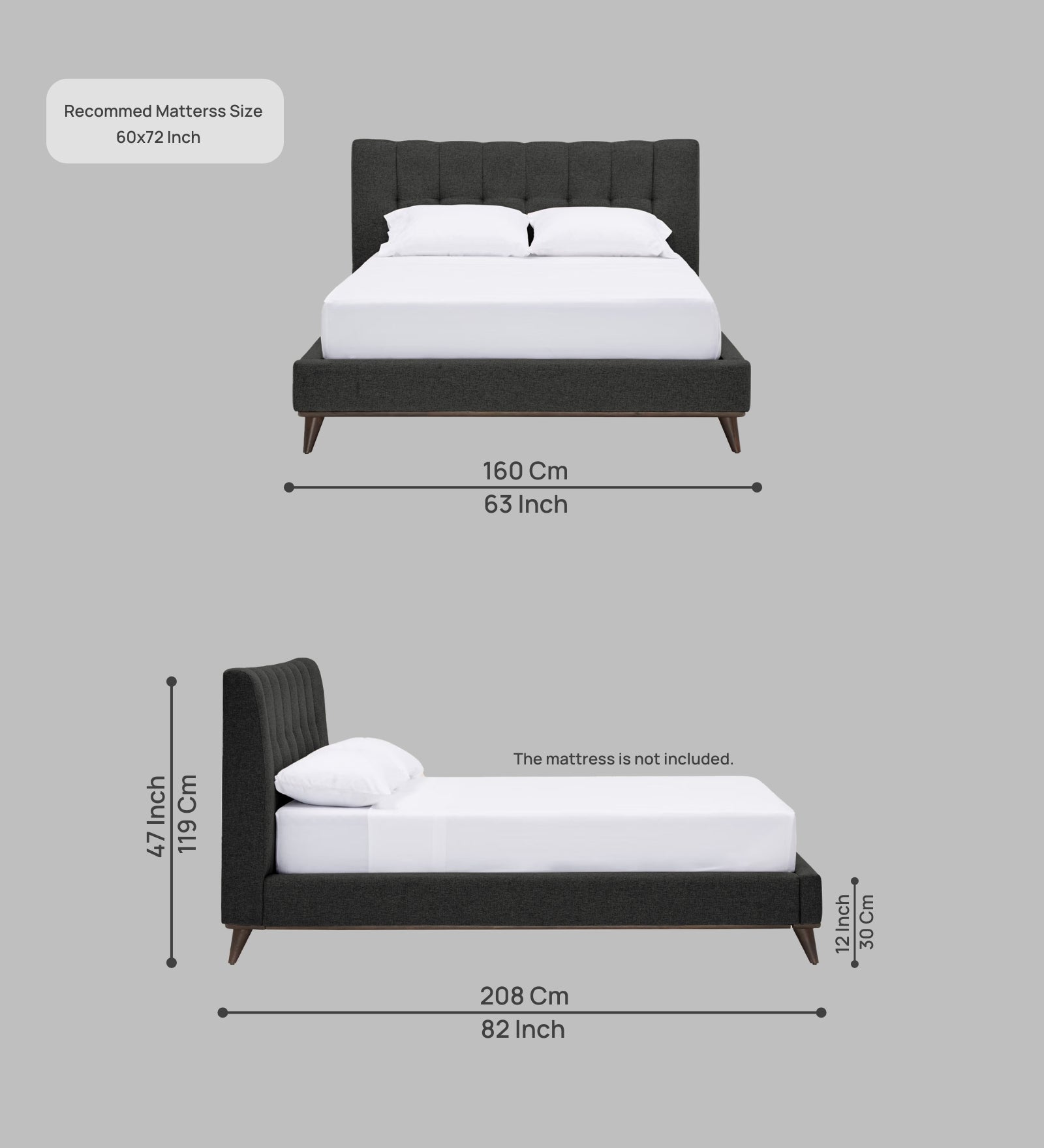 Jasmin Fabric Upholstered Queen Bed in Charcoal Grey Colour - Febonic Living