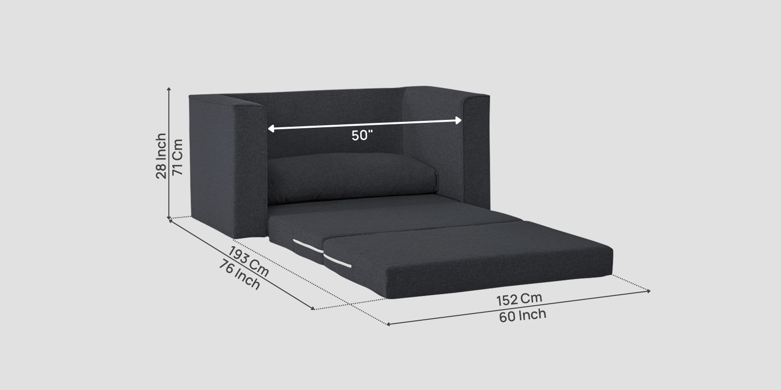 Kenia Fabric 2 Seater Foldable Sofa Cum Bed In Charcoal Grey Colour - Febonic Living