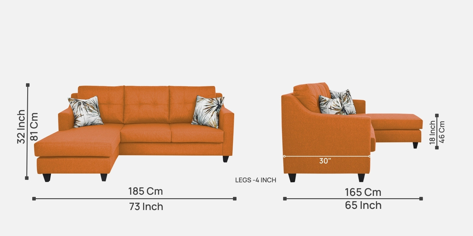 Welly Fabric RHS Sectional Sofa (2+Lounger) In Dark Orange Colour - Febonic Living