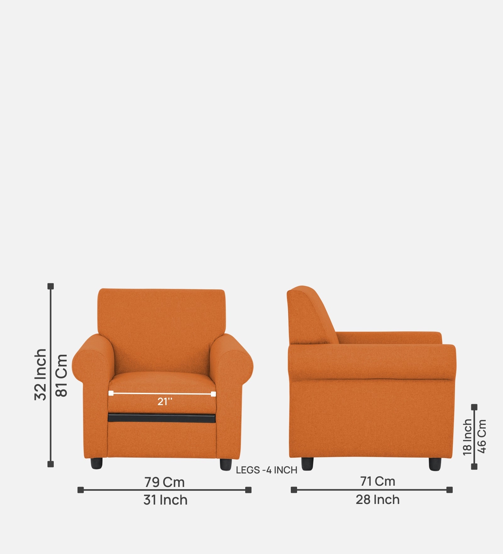 Ribby Fabric 1 Seater Sofa In Dark Orange Colour - Febonic Living