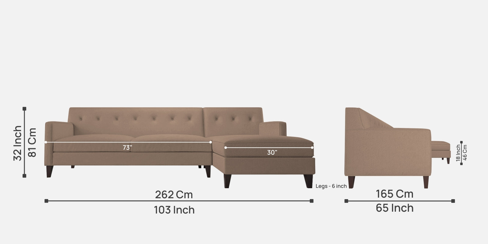 Miller Fabric LHS Sectional Sofa (3+Lounger) In Cookie Beige Colour - Febonic Living
