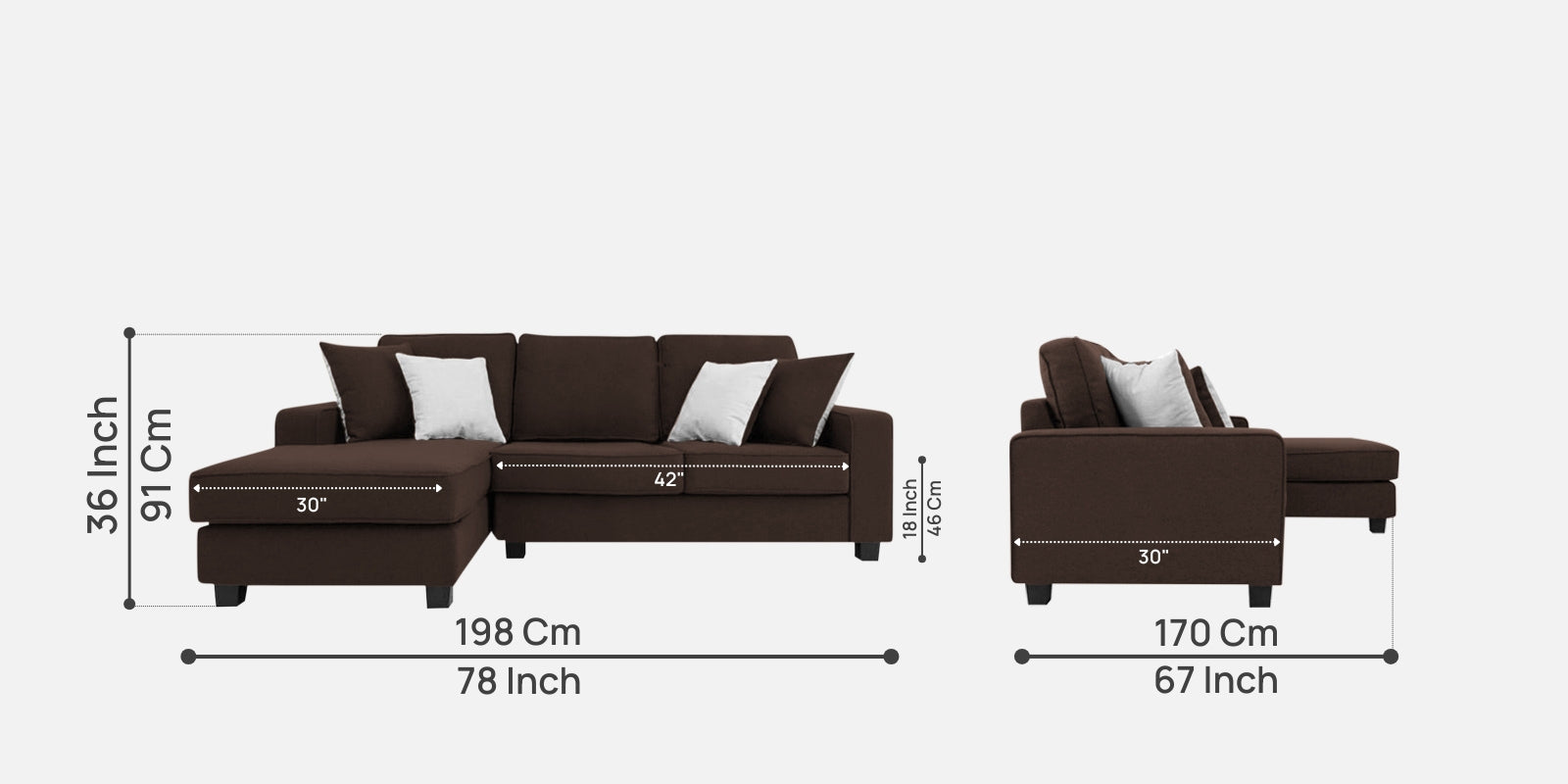 Ladybug Fabric RHS Sectional Sofa (2+Lounger) In Coffee Brown Colour - Febonic Living
