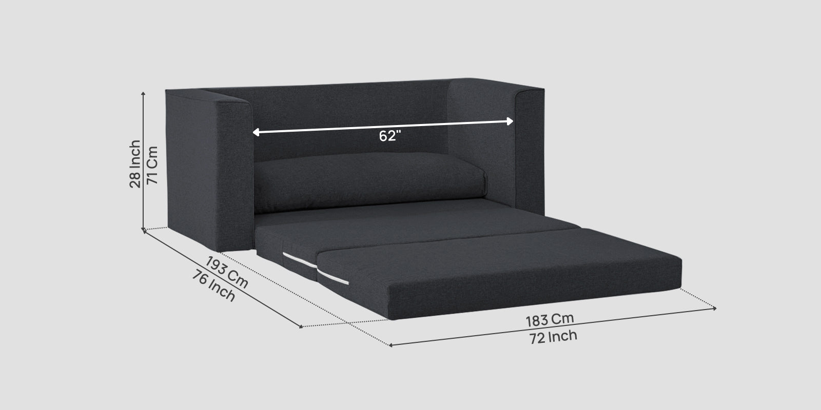 Kenia Fabric 3 Seater Foldable Sofa Cum Bed In Charcoal Grey Colour - Febonic Living