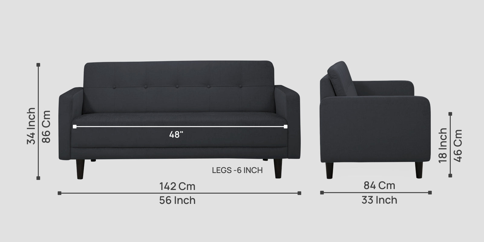 Noha Fabric 2 Seater Sofa In Charcoal Grey Colour - Febonic Living