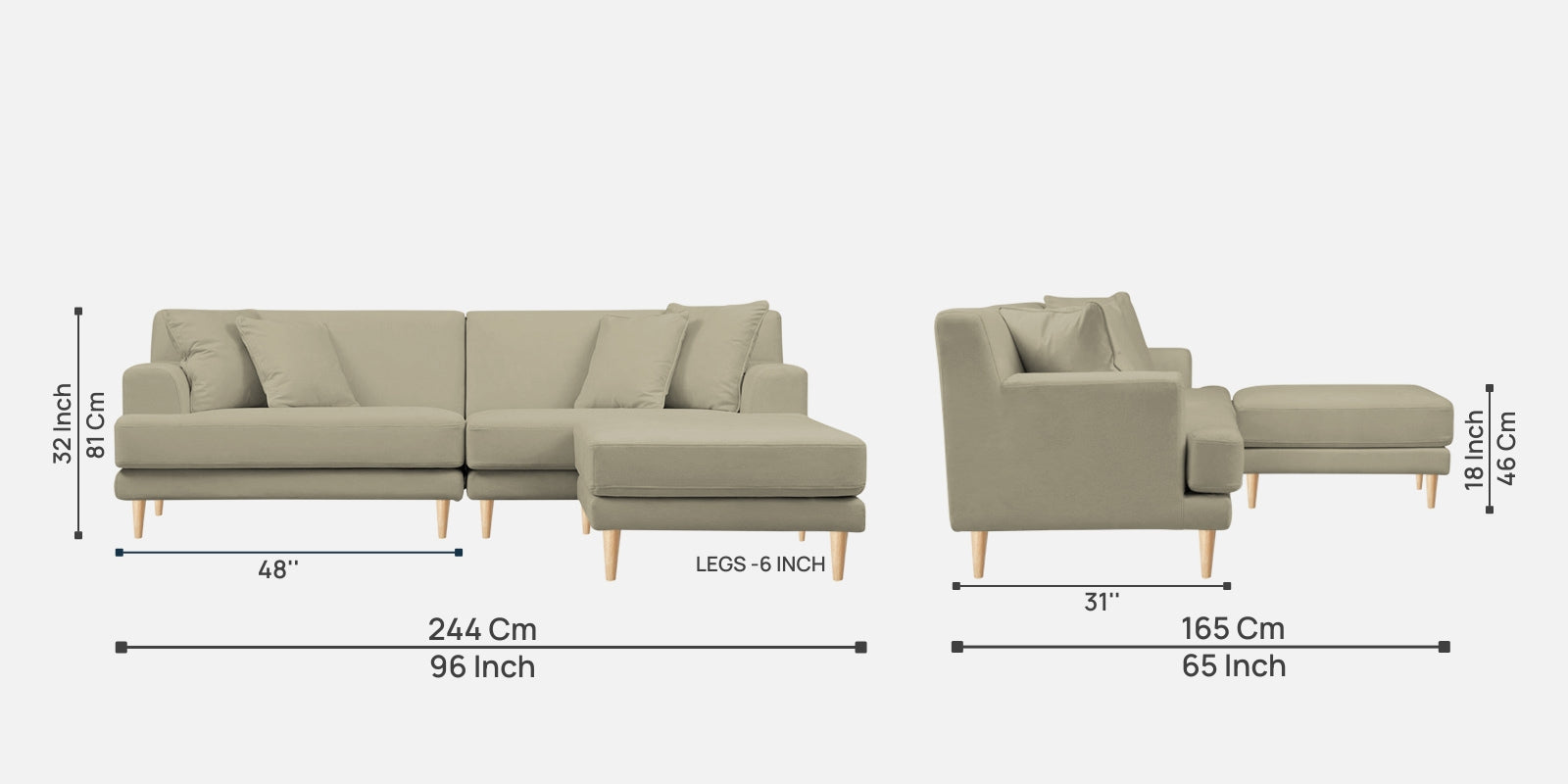Woody Fabric LHS Sectional Sofa (3+Lounger) In Carnival Beige Colour - Febonic Living