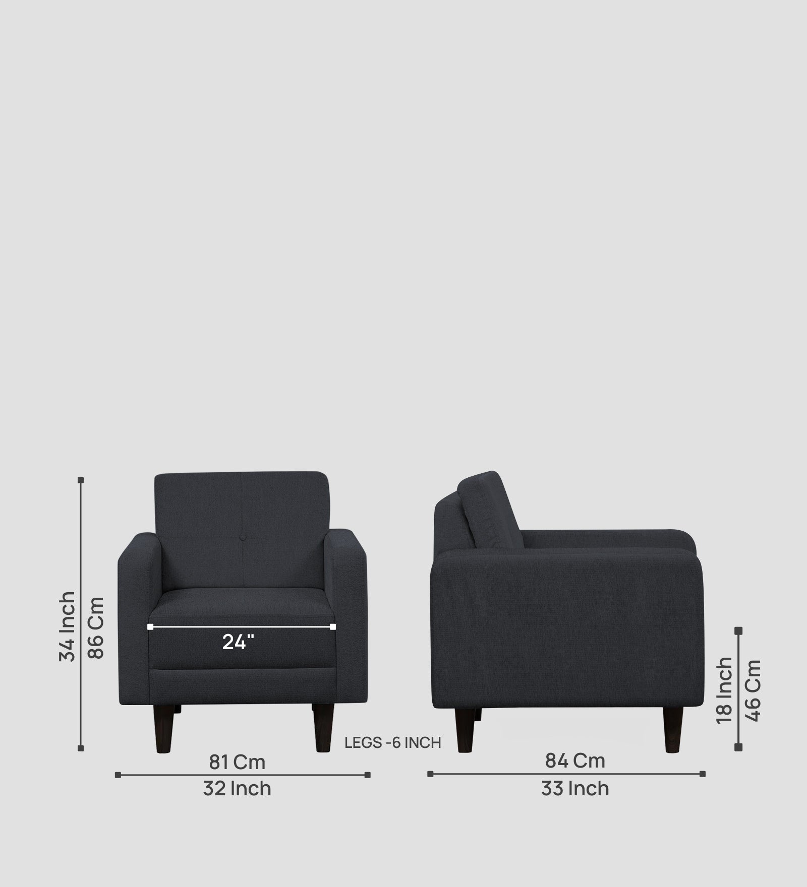 Noha Fabric 1 Seater Sofa in Charcoal Grey Colour