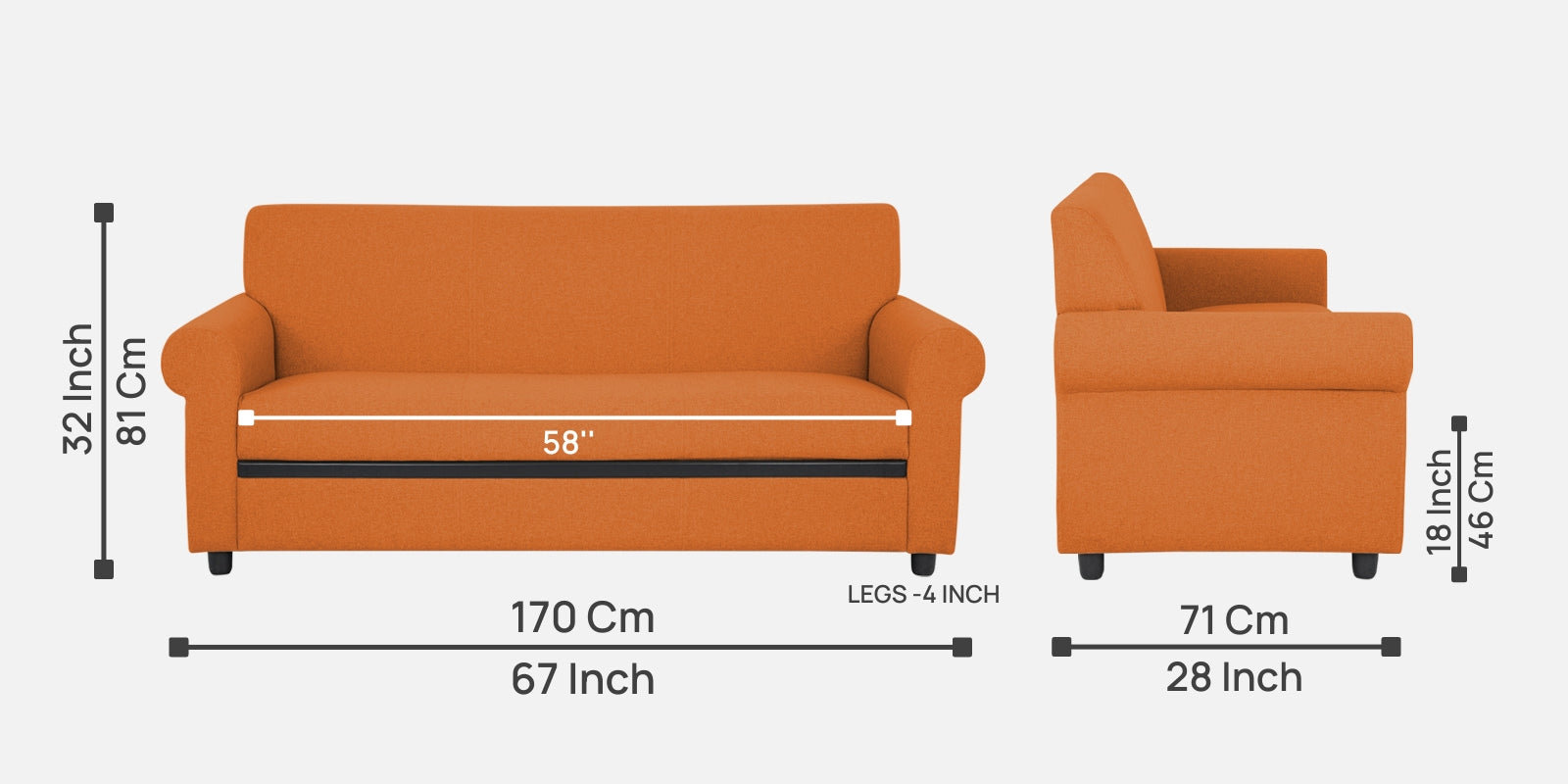Ribby Fabric 3 Seater Sofa in Dark Orange Colour