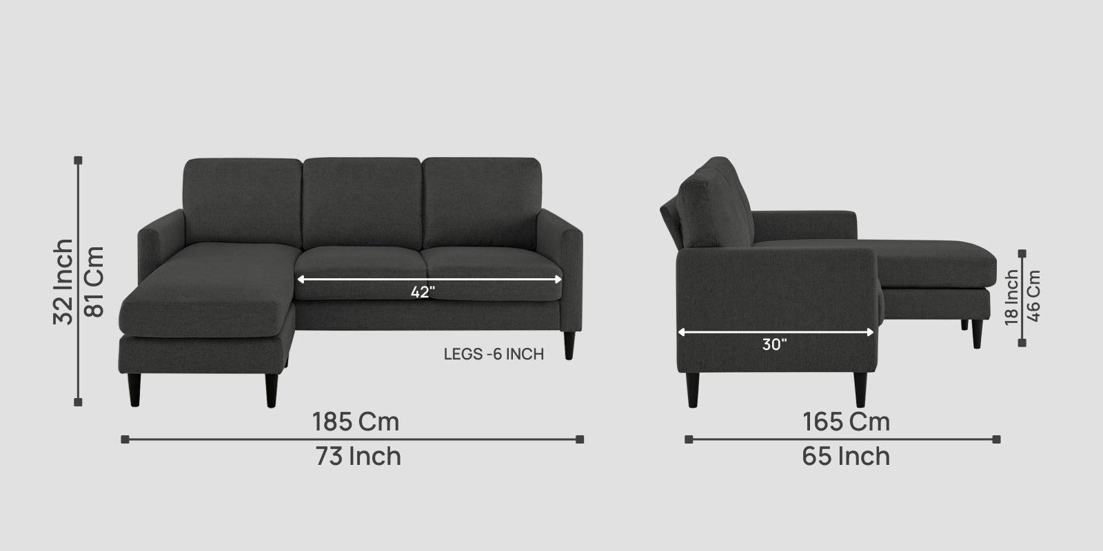 Romie Fabric RHS Sectional Sofa (2+Lounger) In Charcoal Grey Colour - Febonic Living