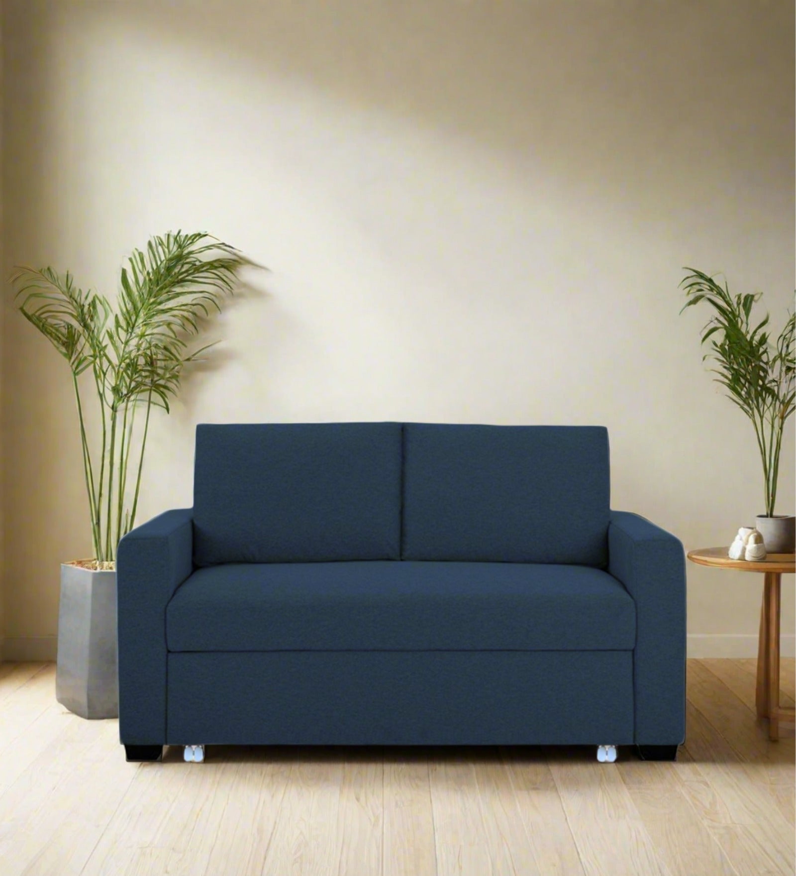 Lobby Fabric 2 Seater Pull Out Sofa Cum Bed In Denim Blue Colour - Febonic Living