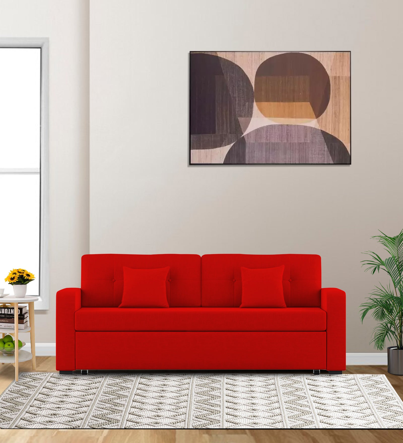 Rocky Fabric Seater Pull Out Sofa Cum Bed In Ruby Red Colour With St