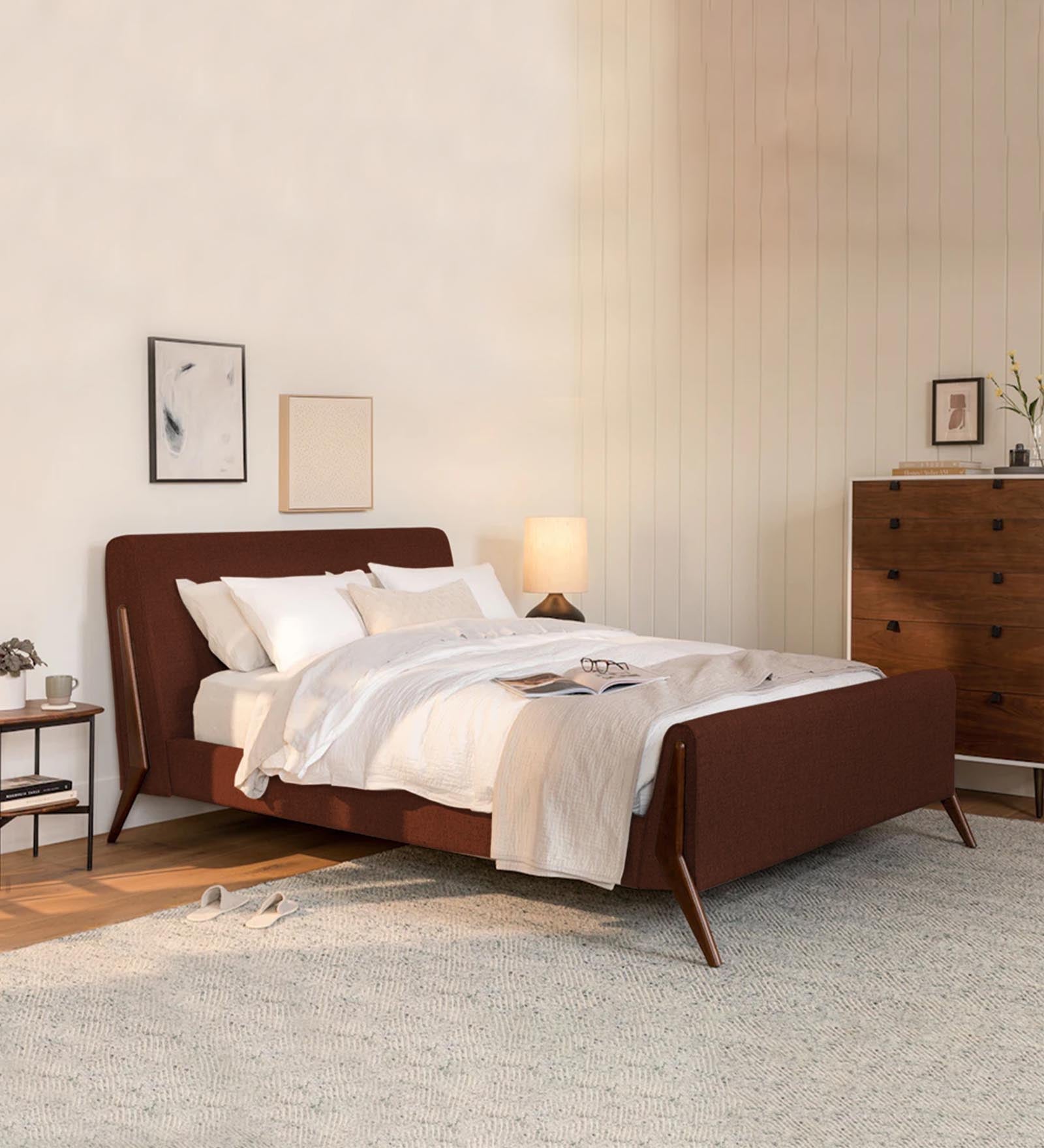 Catla Fabric Queen Size Bed In Coffee Brown Colour - Febonic Living