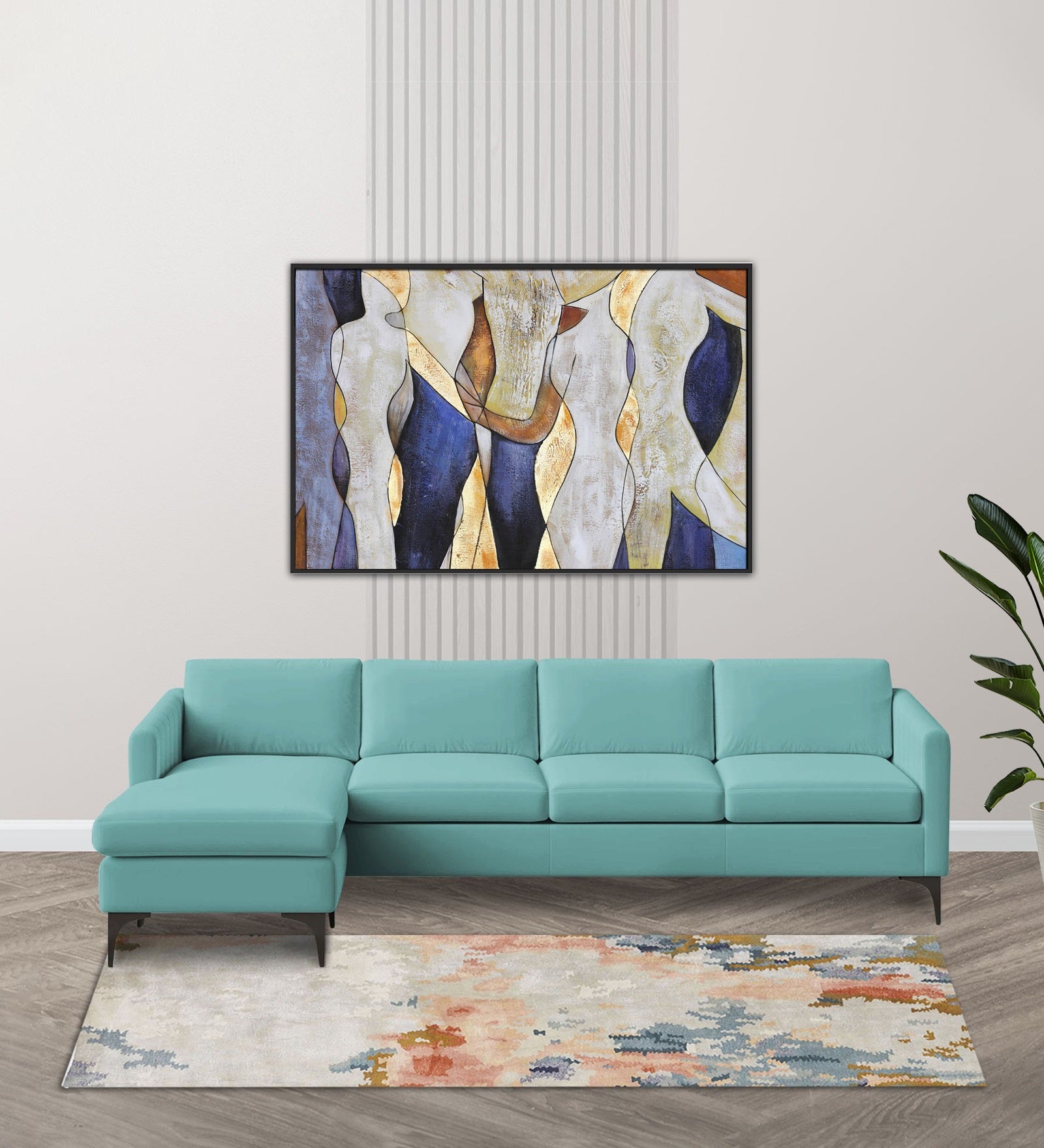 Haru Fabric RHS Sectional Sofa (3+Lounger) In Barmunda Aqua Colour - Febonic Living