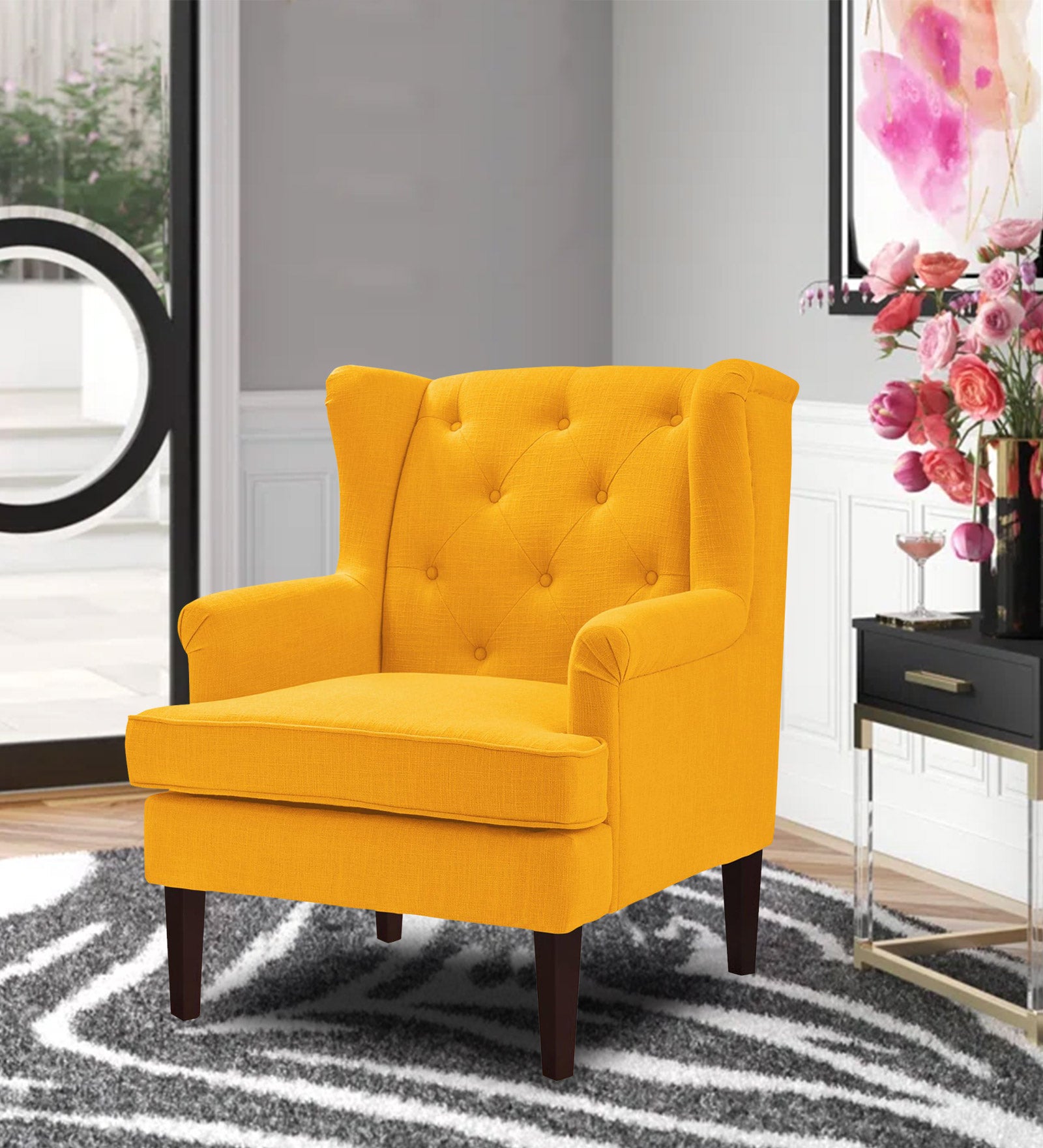 Deyuk Fabric Wing Chair In Bold Yellow Colour - Febonic Living