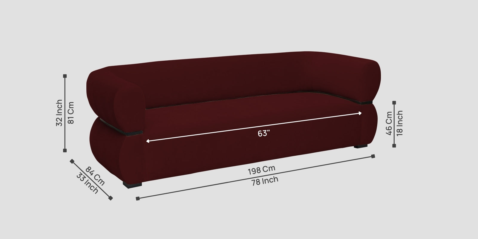Kula Velvet 3 Seater Sofa In Blood Maroon Colour - Febonic Living