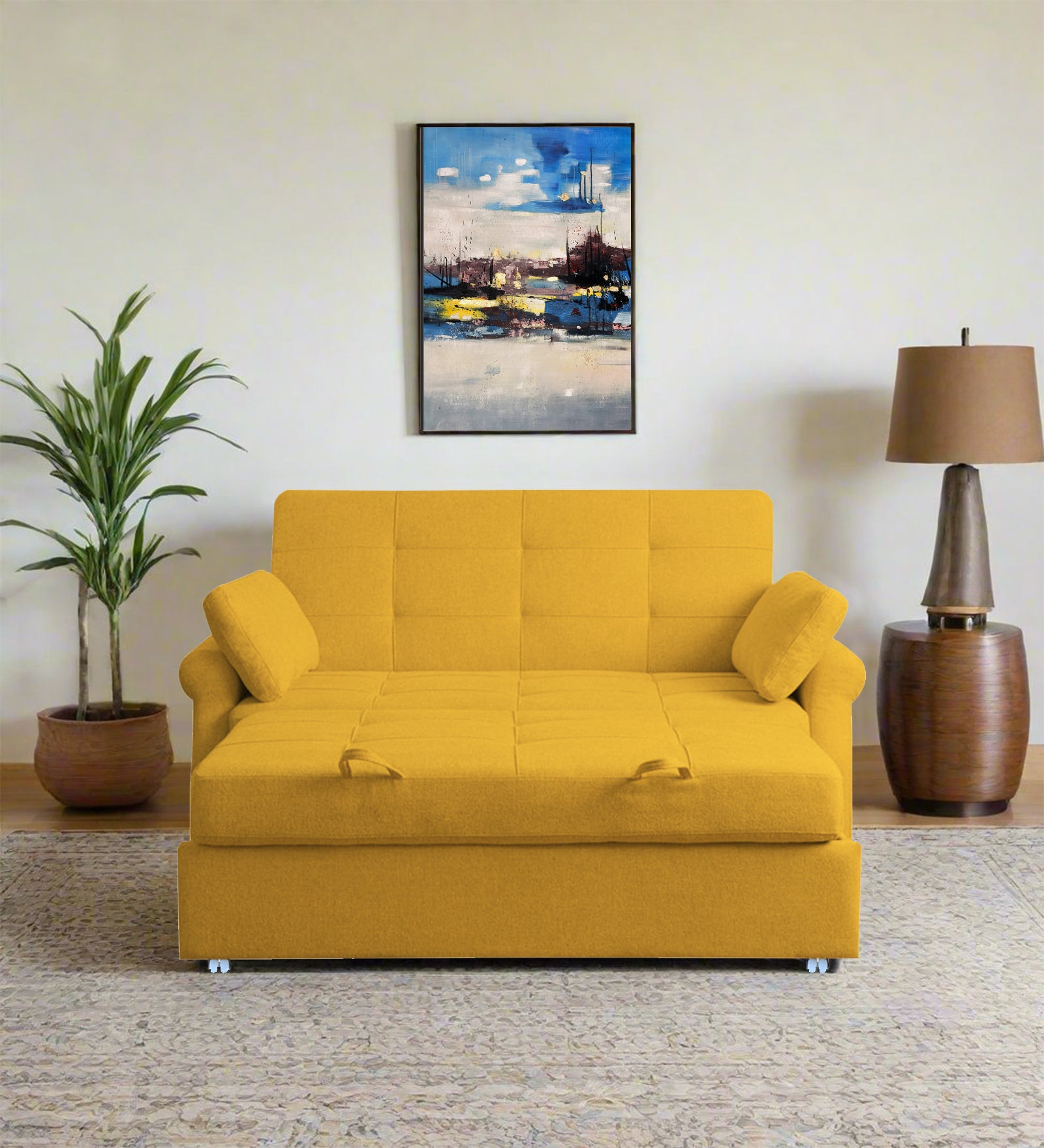 Fornia Fabric 2 Seater Pull Out Sofa Cum Bed In Bold Yellow Colour - Febonic Living