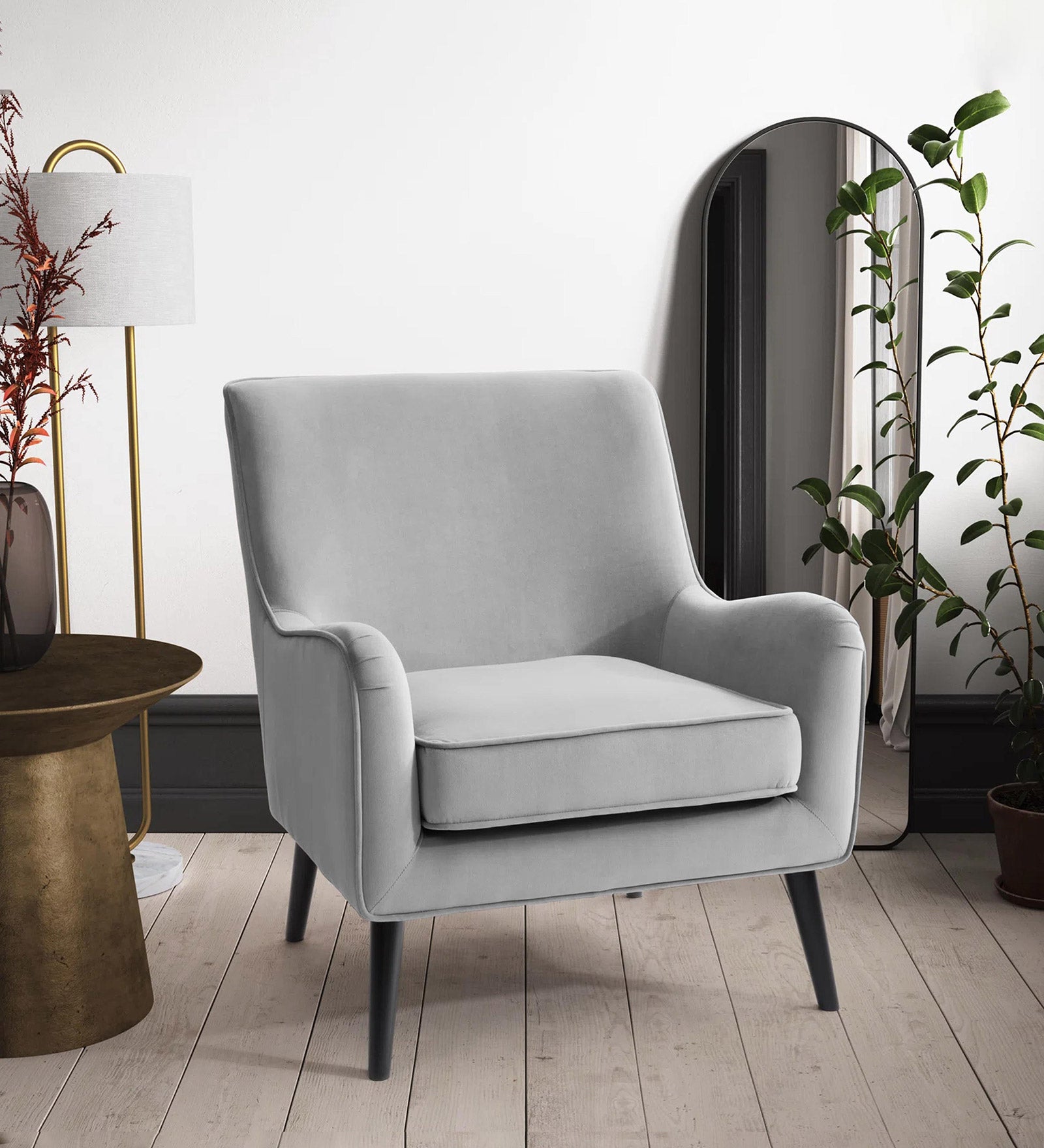 Ame Velvet Upholstered Arm Chair In concrete grey Colour - Febonic Living