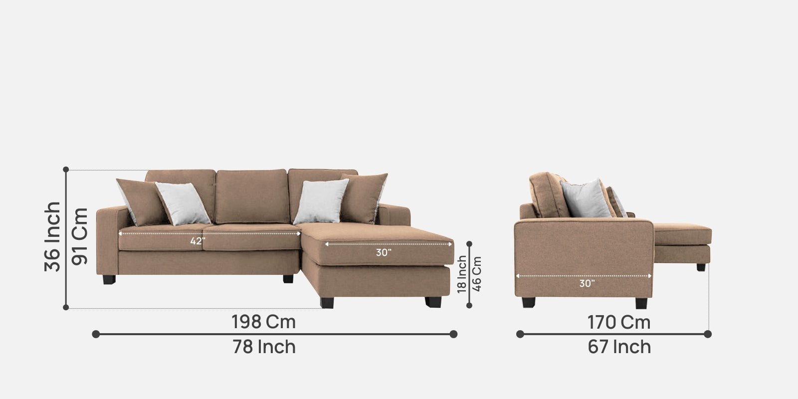 Ladybug Fabric LHS Sectional Sofa (2+Lounger) In Cookie Beige Colour - Febonic Living