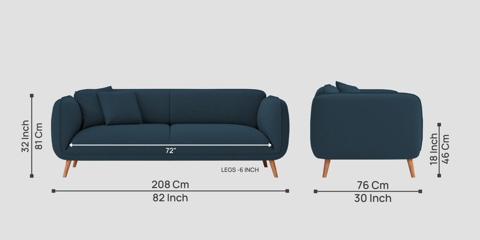 Zia Fabric 3 Seater Sofa In Cool Blue Colour