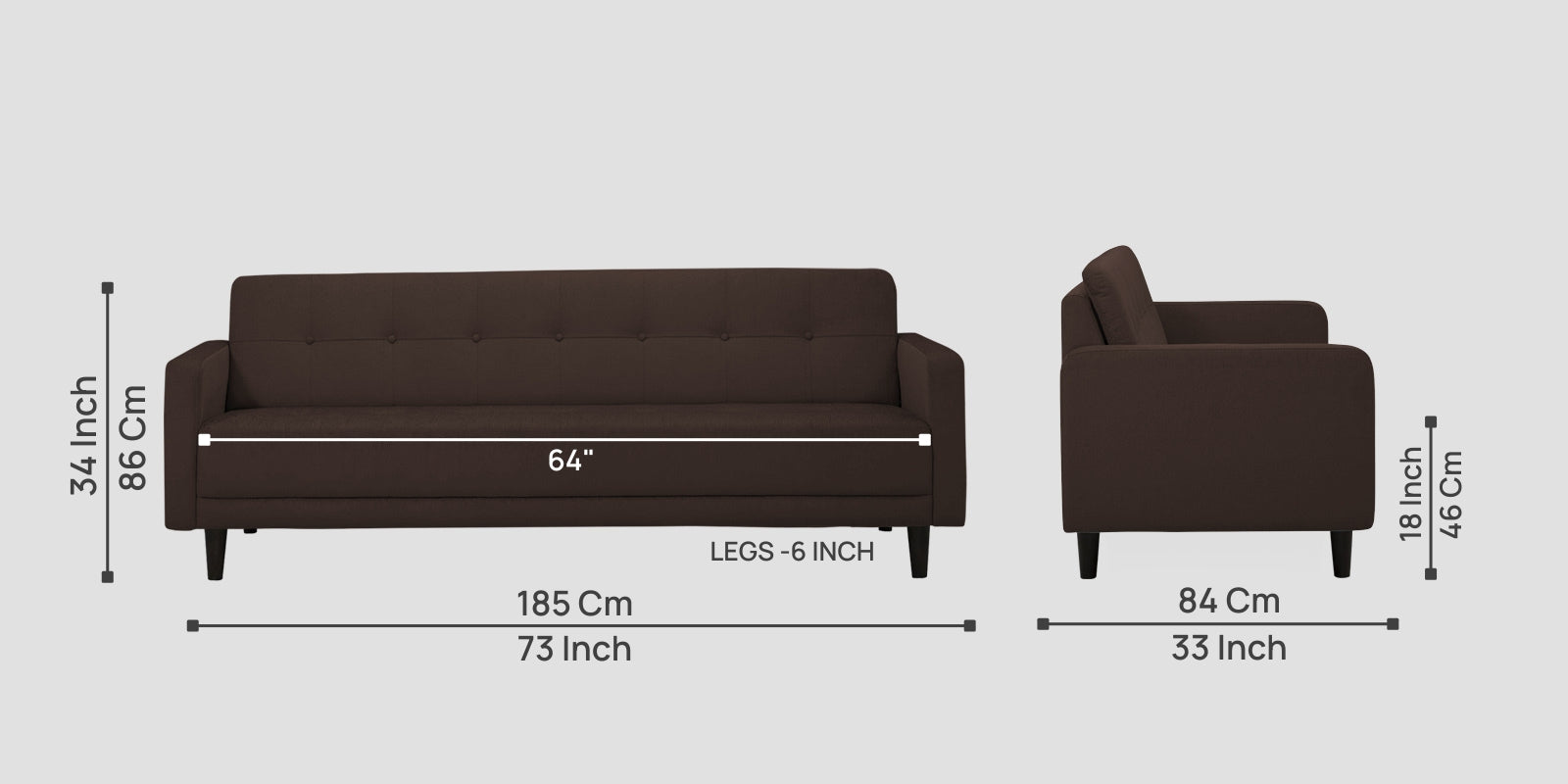 Noha Fabric 3 Seater Sofa In Coffee Brown Colour