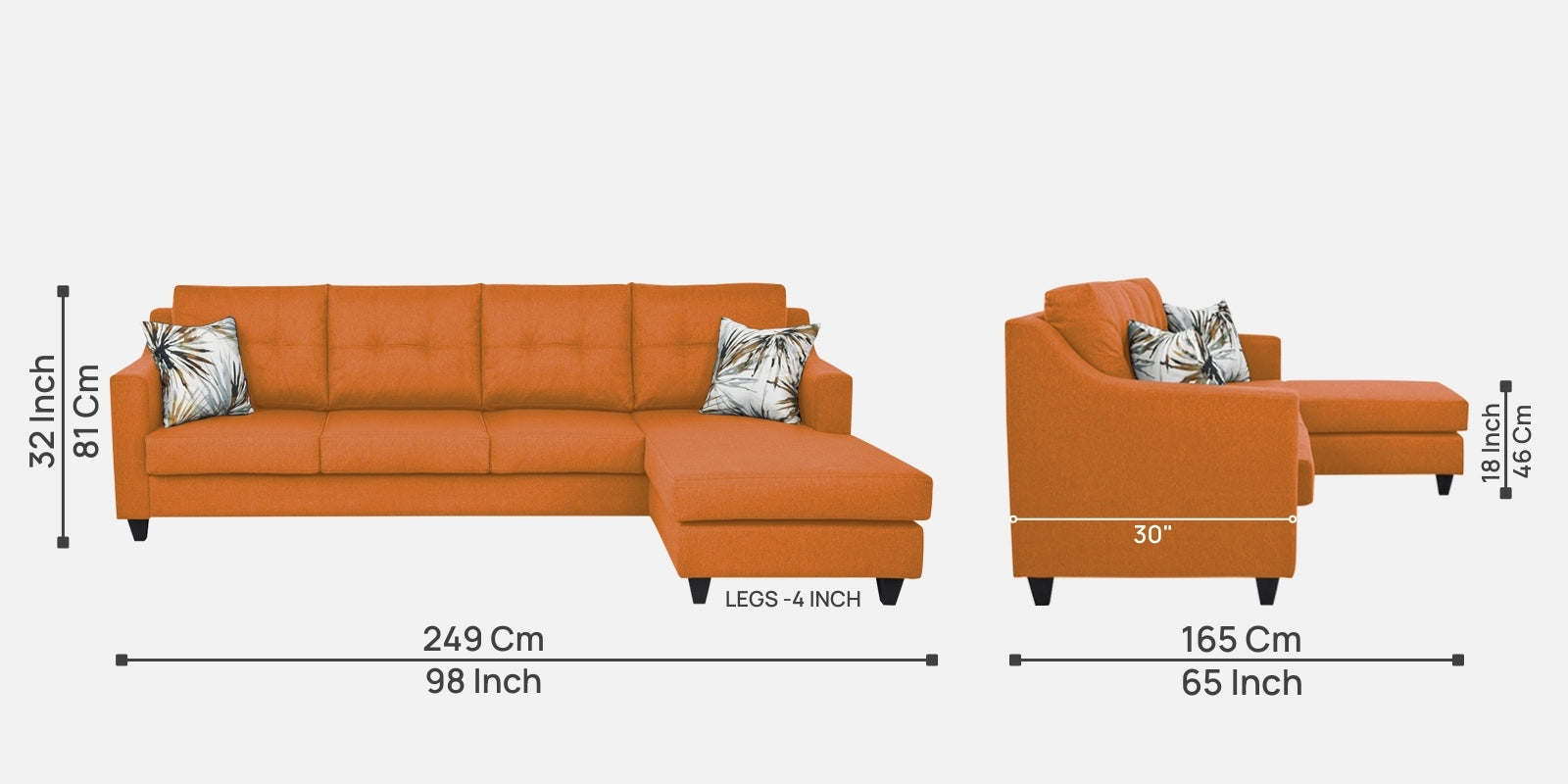 Welly Fabric LHS Sectional Sofa (3+Lounger) In Dark Orange Colour - Febonic Living