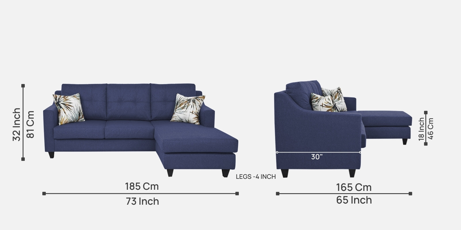 Welly Fabric LHS Sectional Sofa (2+Lounger) In Slate Blue Colour - Febonic Living