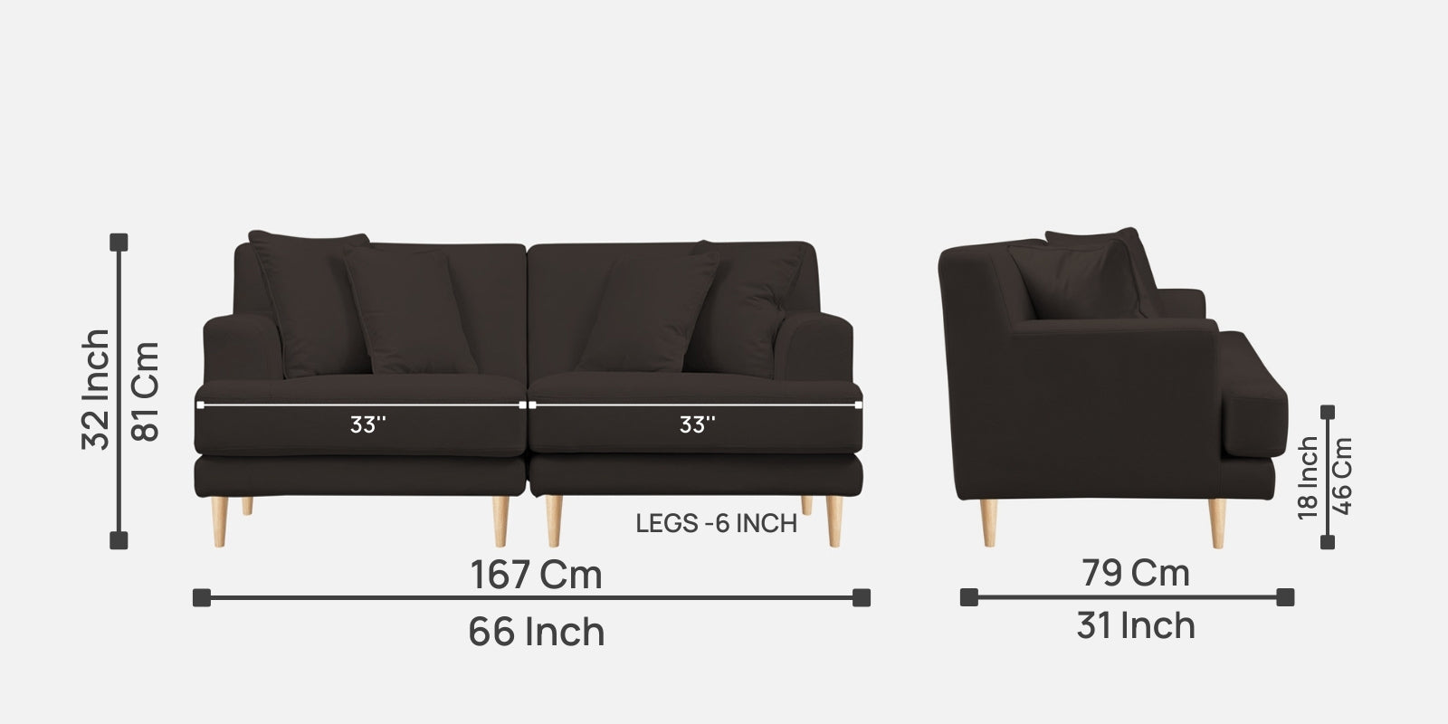 Woody Fabric 2 Seater Sofa In Coal Brown Colour - Febonic Living