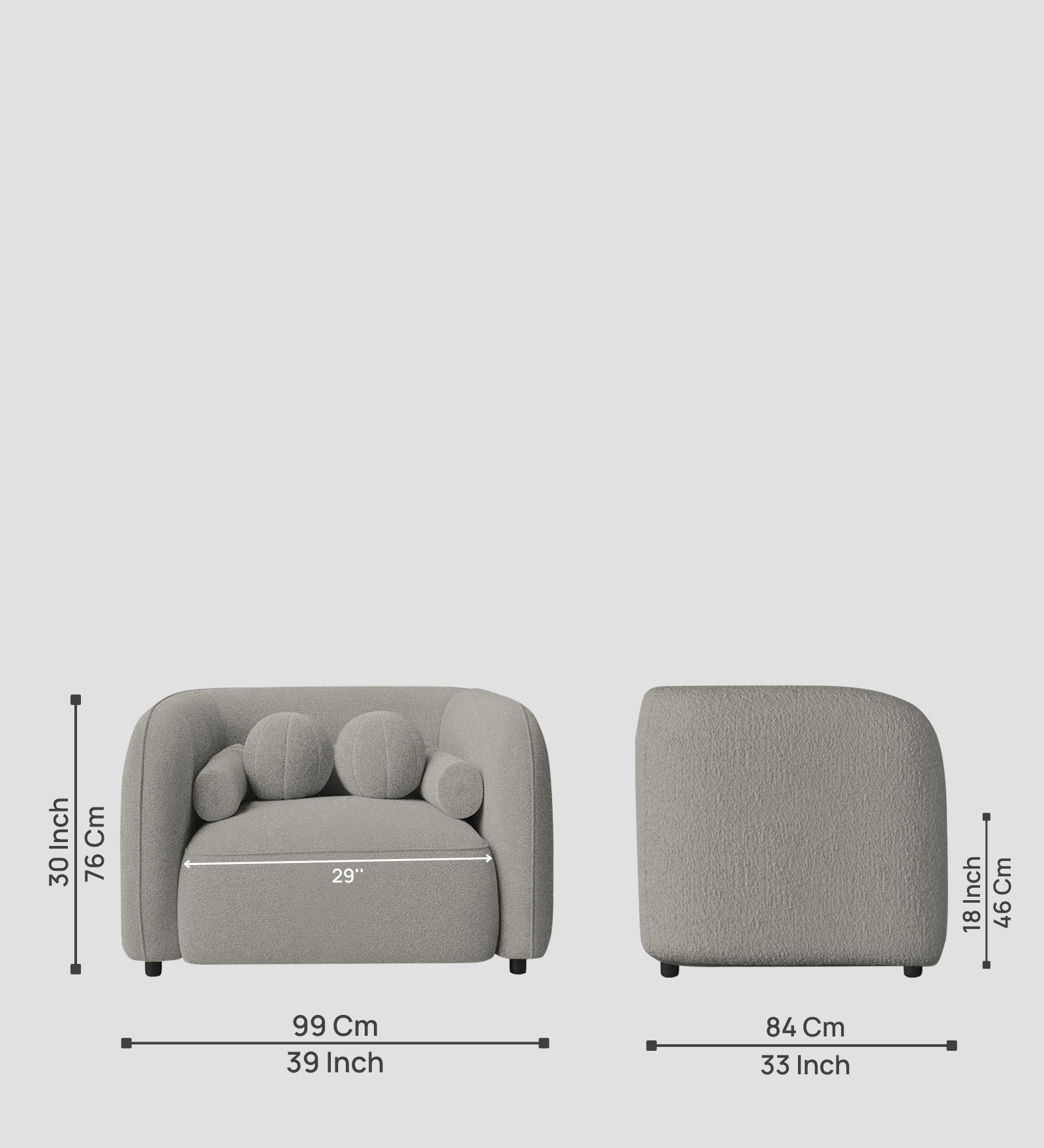 Corny Boucle Fabric 1 Seater Sofa In Fog Grey Colour - Febonic Living