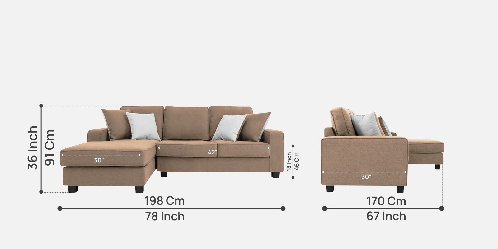 Ladybug Fabric RHS Sectional Sofa (2+Lounger) In Cookie Beige Colour - Febonic Living