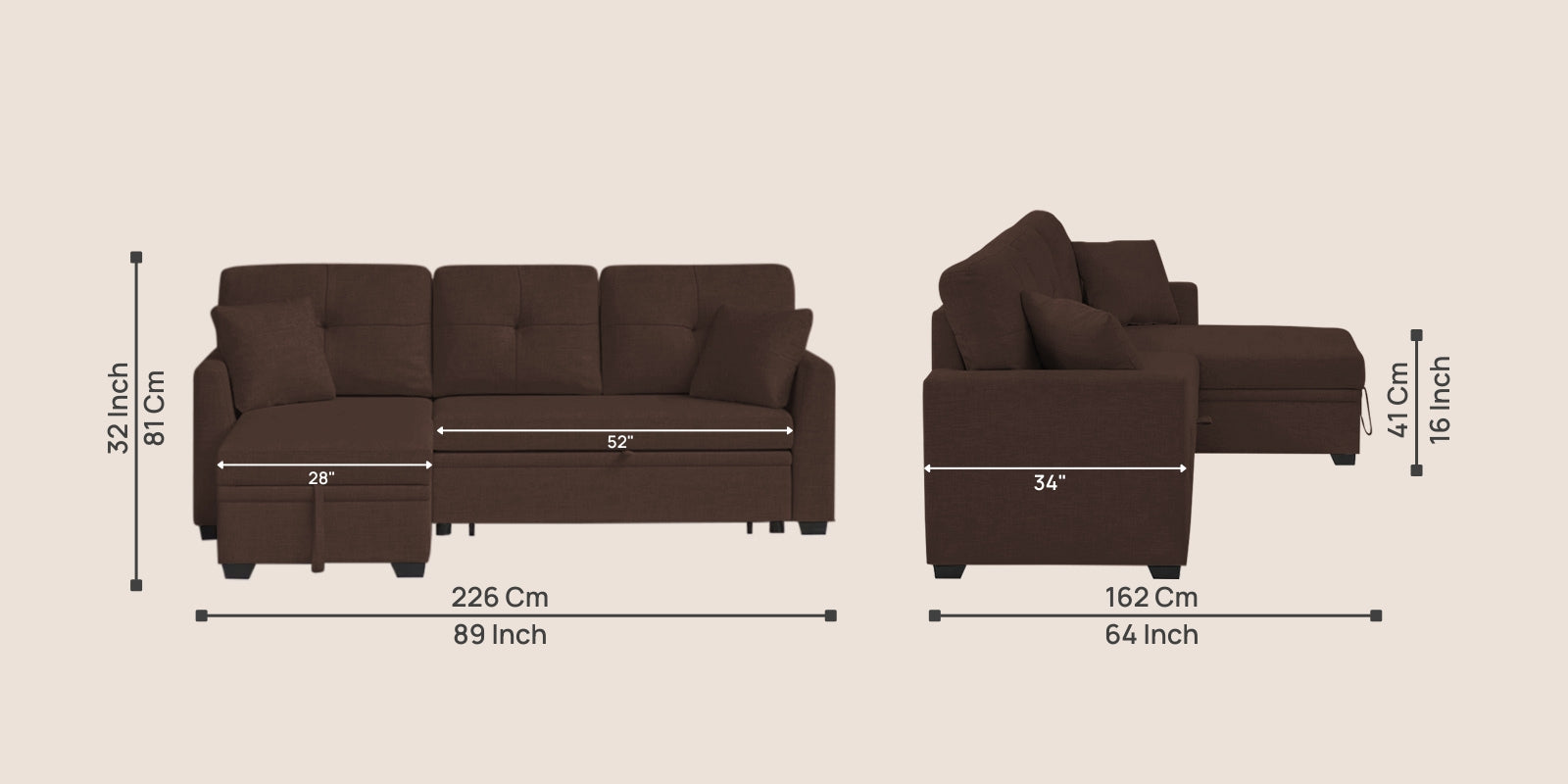 Jody Fabric 3 Seater Pull Out Sofa Cum Bed In Coffee Brown Colour With Storage - Febonic Living