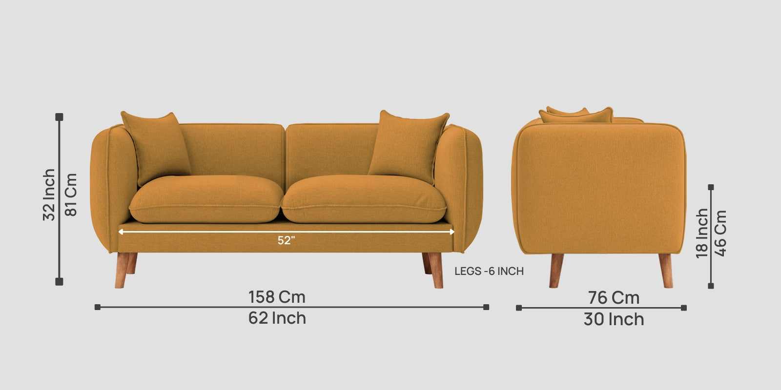 Reva Fabric 2 Seater Sofa In Corn Yellow Colour - Febonic Living
