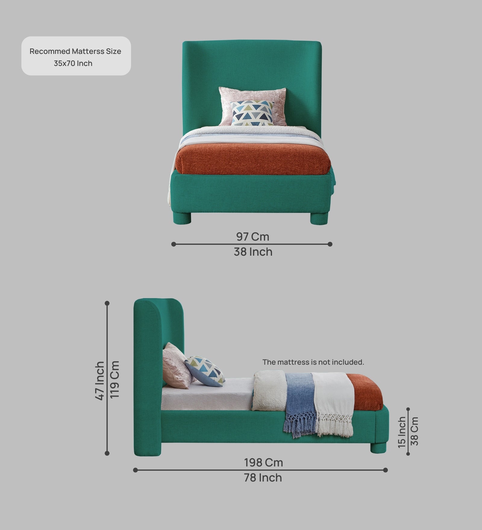 Lenny Fabric Upholstered Single Bed in Sea Green Colour - Febonic Living