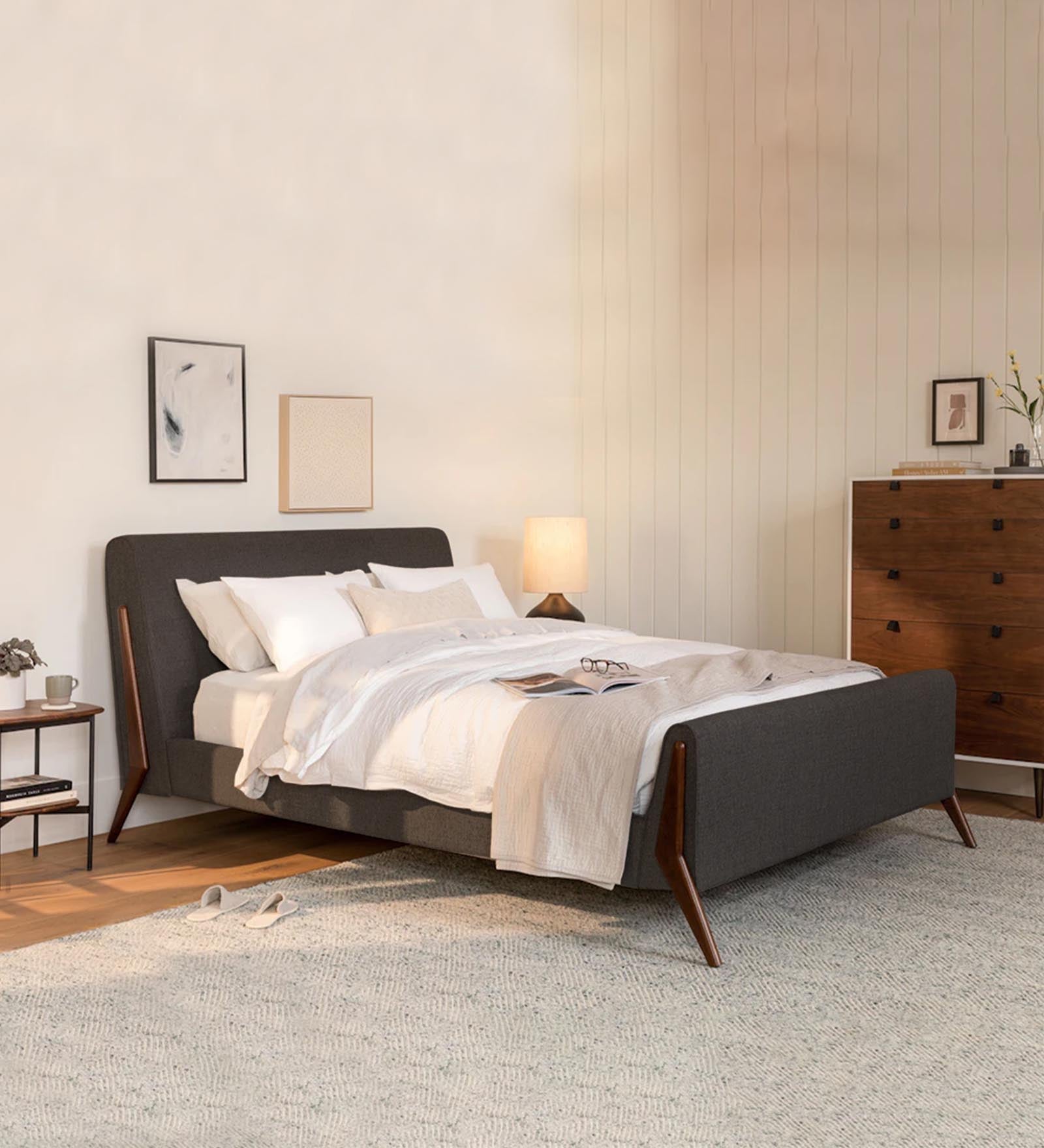 Catla Fabric Queen Size Bed In Charcoal Grey Colour - Febonic Living