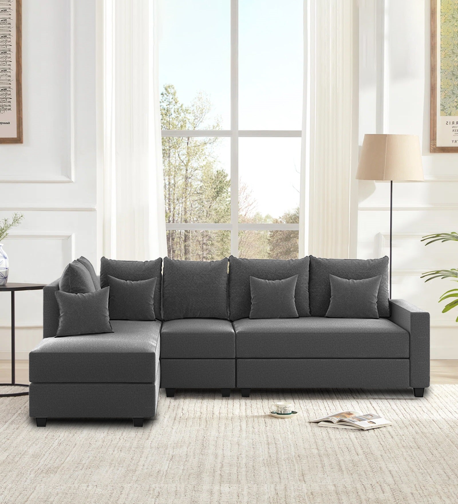 Ginny Fabric RHS Sectional Sofa (3+Lounger) In Charcoal Grey Colour - Febonic Living