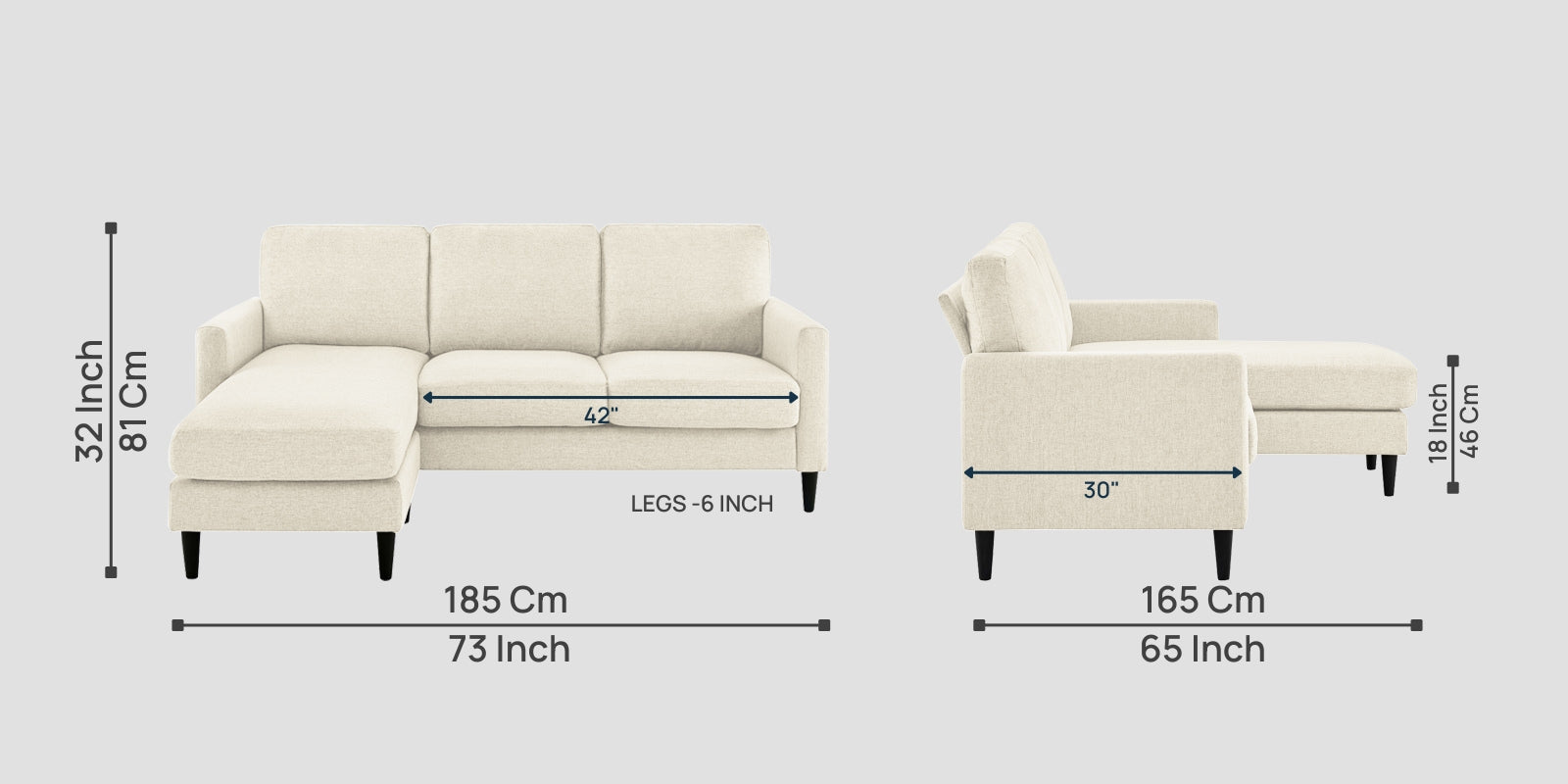 Romie Fabric RHS Sectional Sofa (2+Lounger) In Ivory Cream Colour - Febonic Living