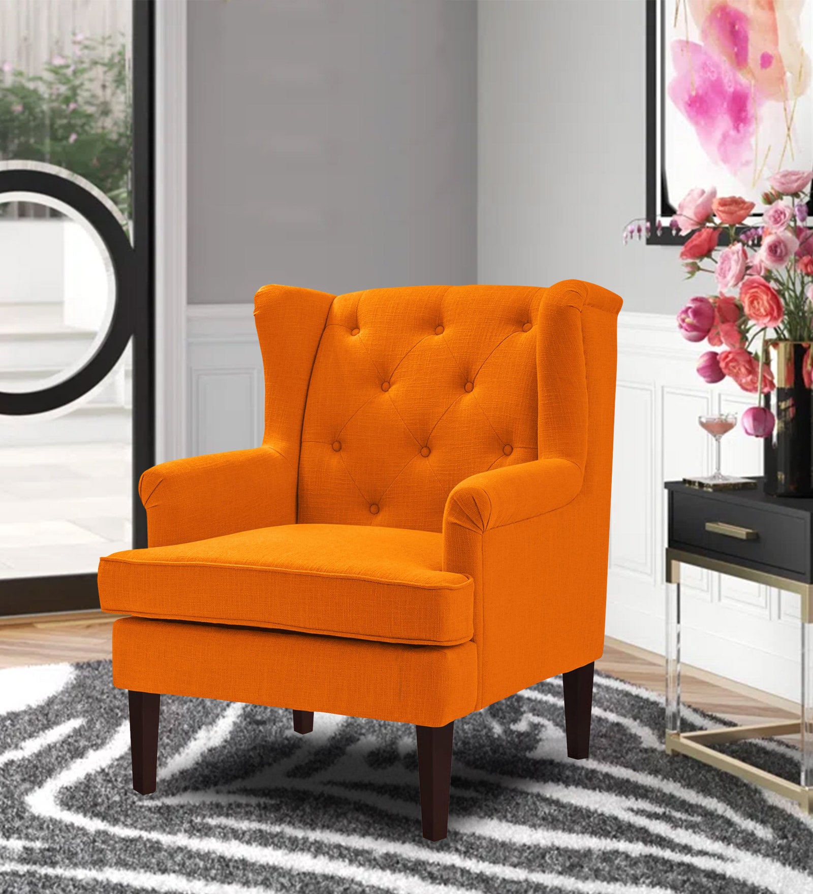 Deyuk Fabric Wing Chair In Vivid Orange Colour - Febonic Living