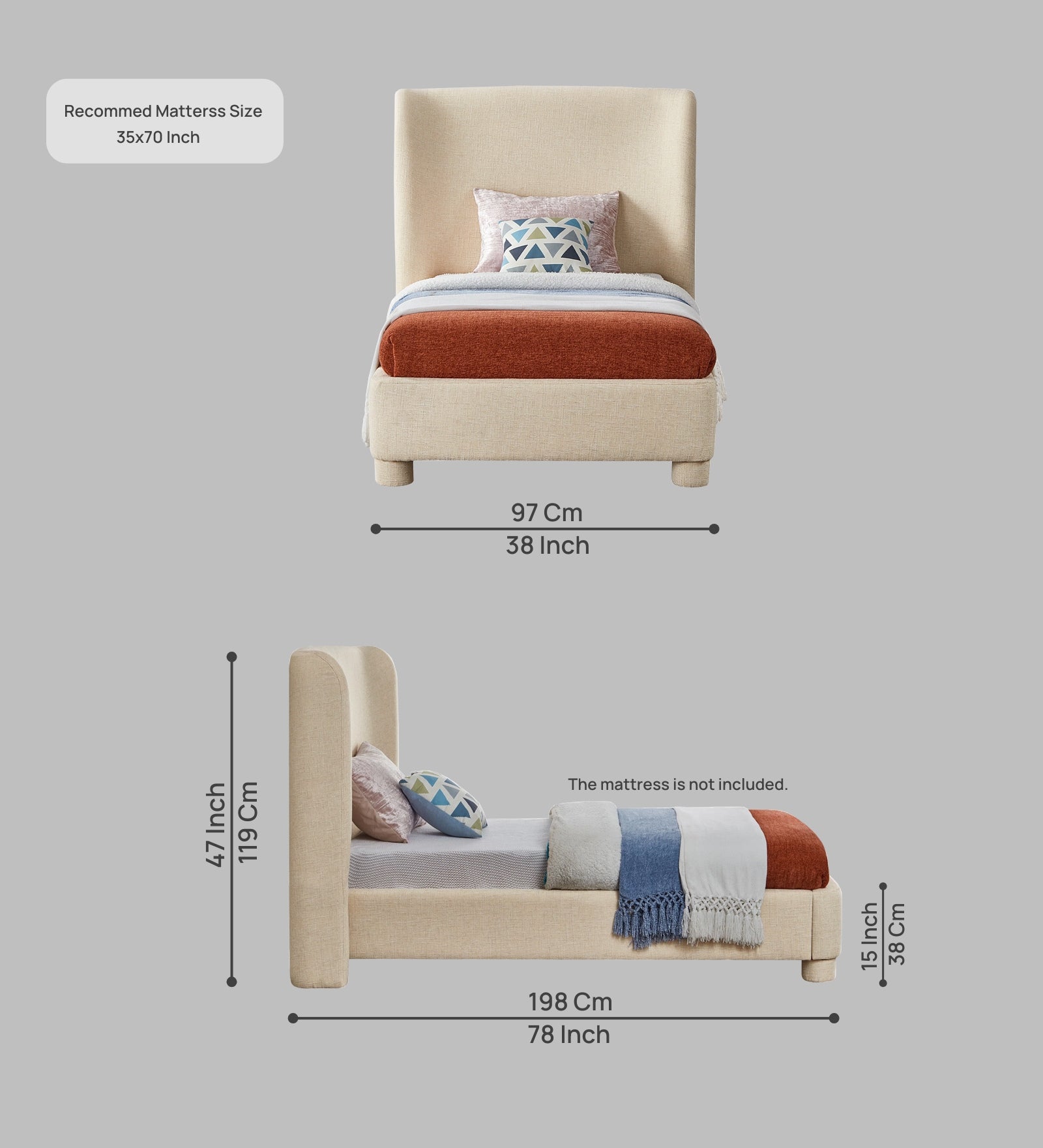 Lenny Fabric Upholstered Single Bed in Ivory Cream Colour - Febonic Living