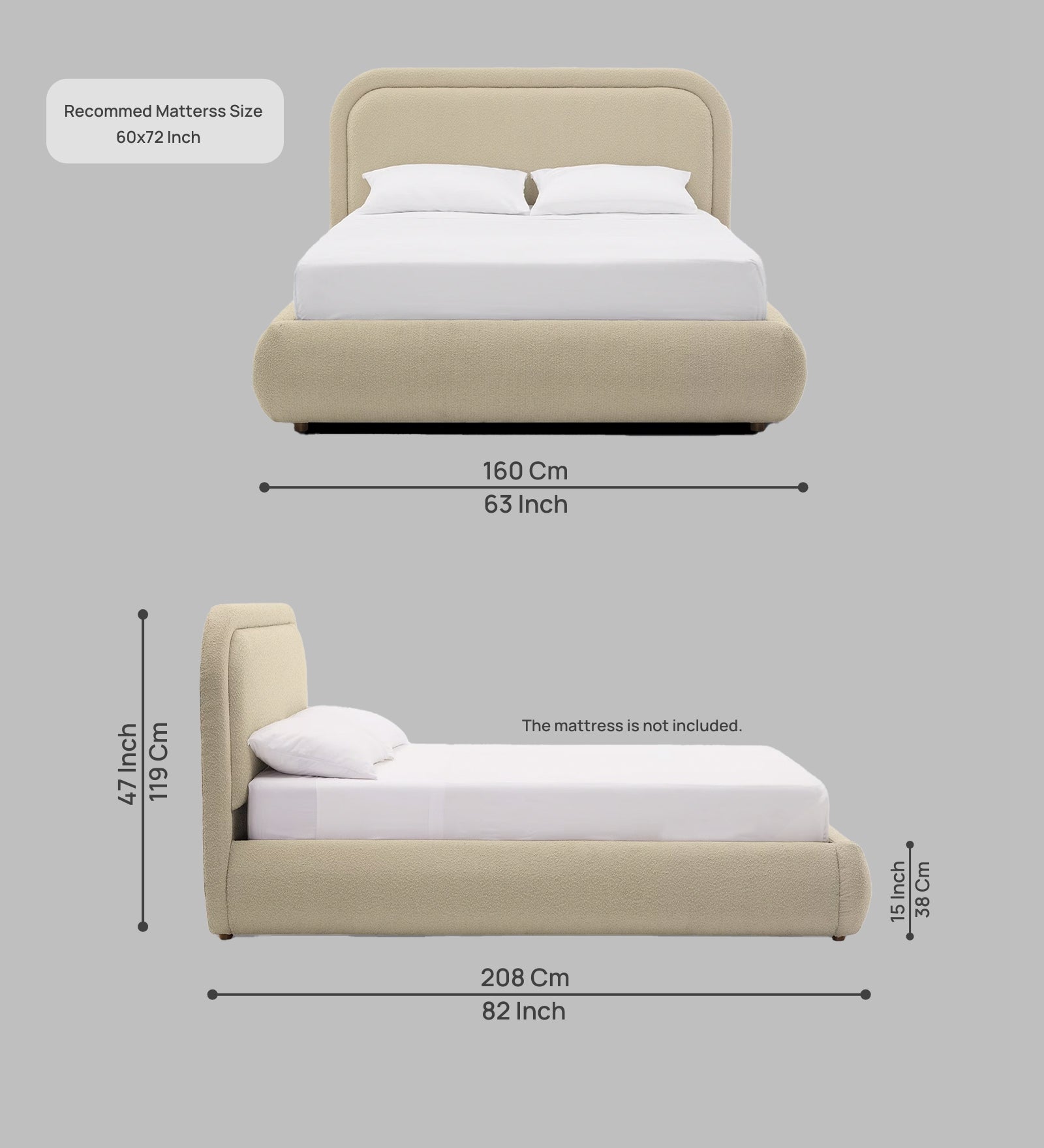 Nemo Boucle Fabric Queen Size Bed in Shell White Colour - Febonic Living