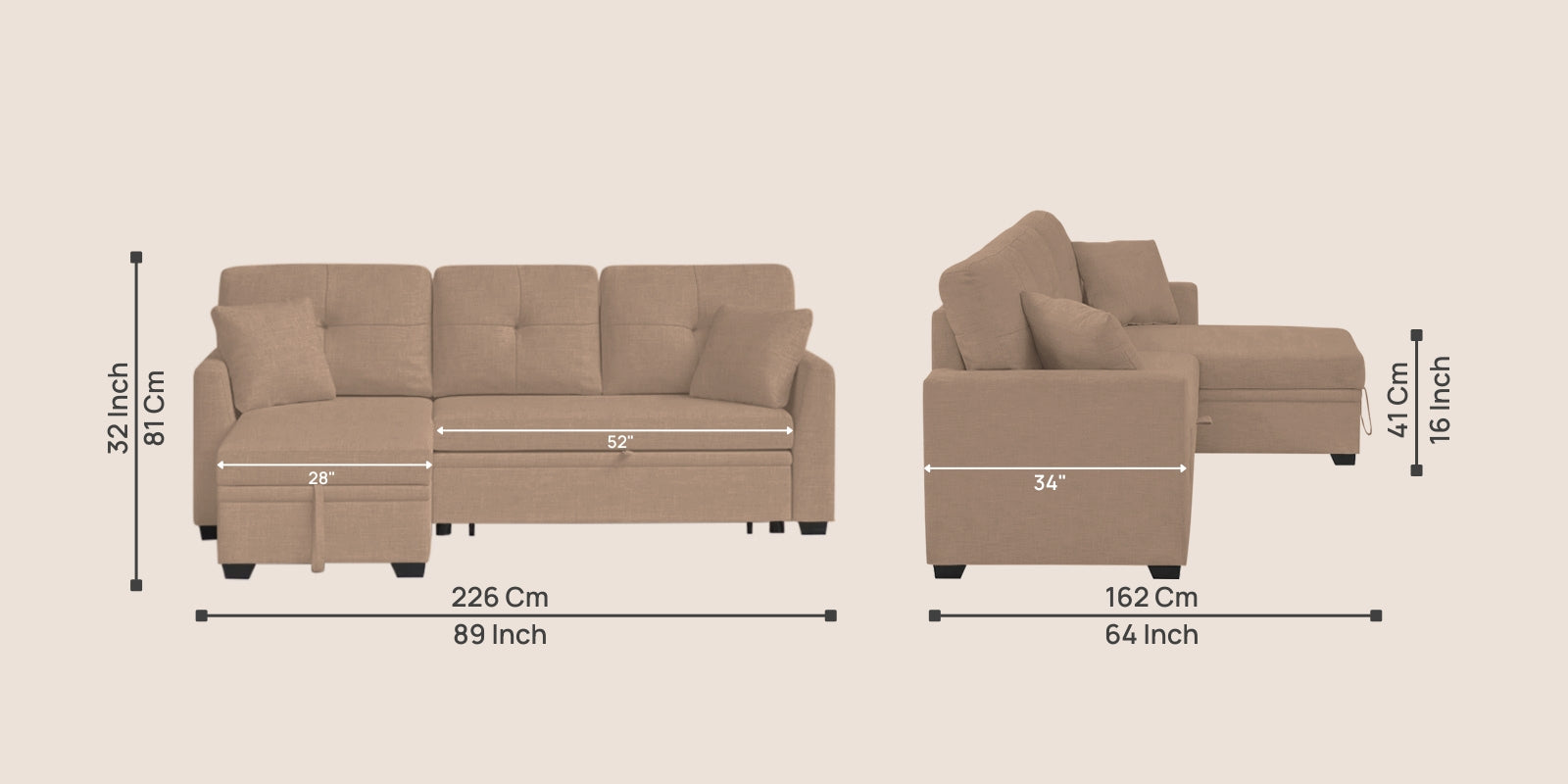 Jody Fabric 3 Seater Pull Out Sofa Cum Bed In Cookie Beige Colour With Storage - Febonic Living