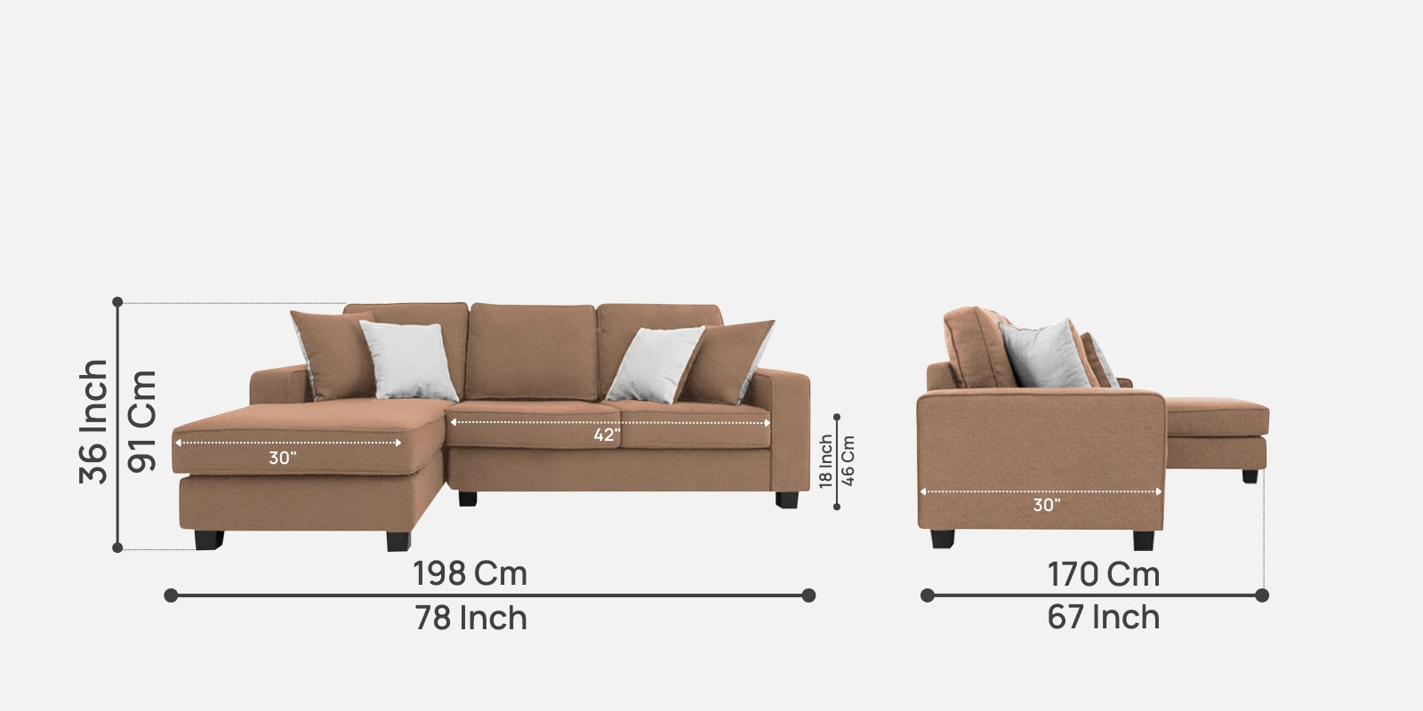 Ladybug Fabric RHS Sectional Sofa (2+Lounger) In Cosmic Beige Colour - Febonic Living