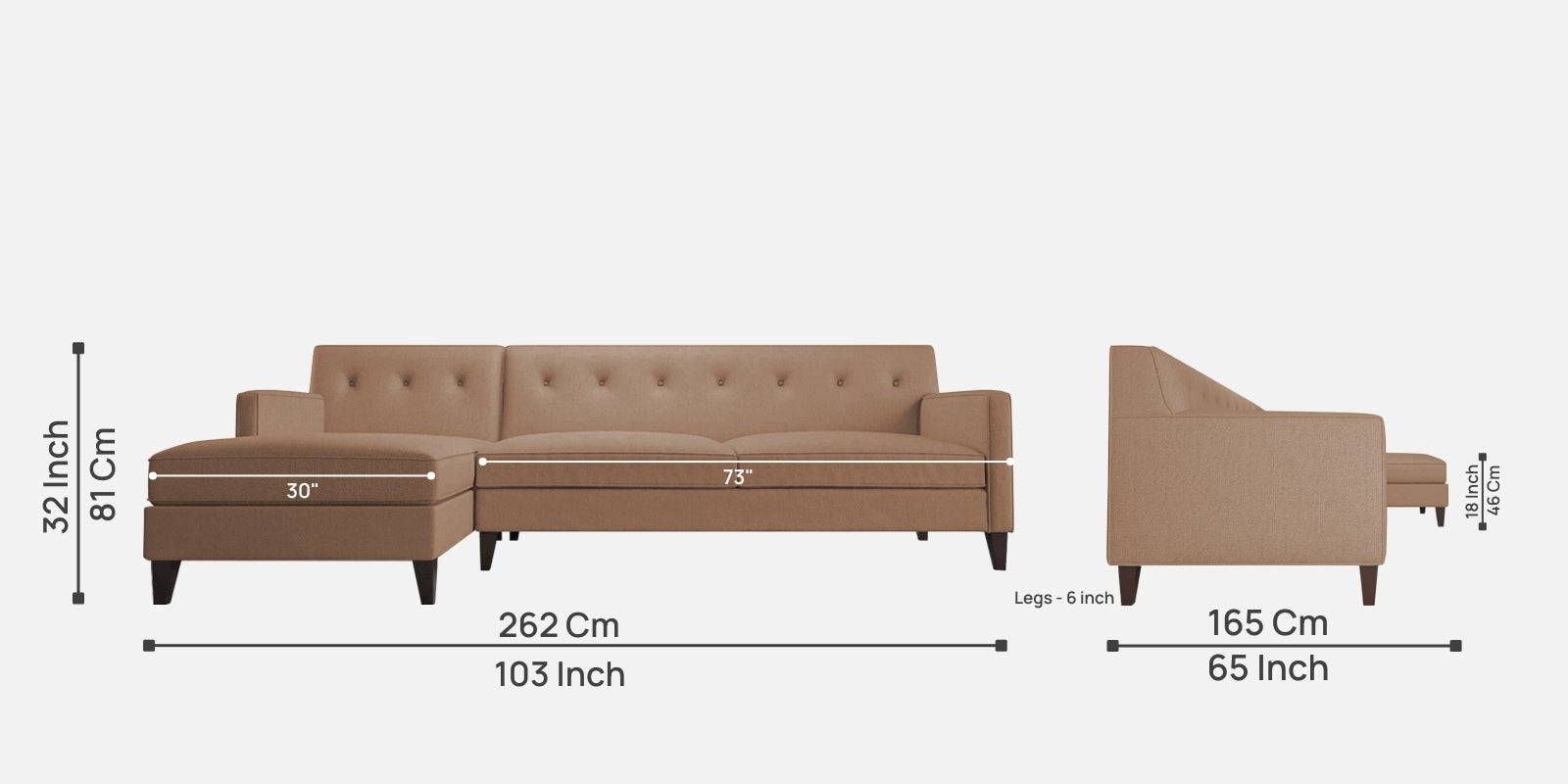 Miller Fabric RHS Sectional Sofa (3+Lounger) In Cosmic Beige Colour - Febonic Living