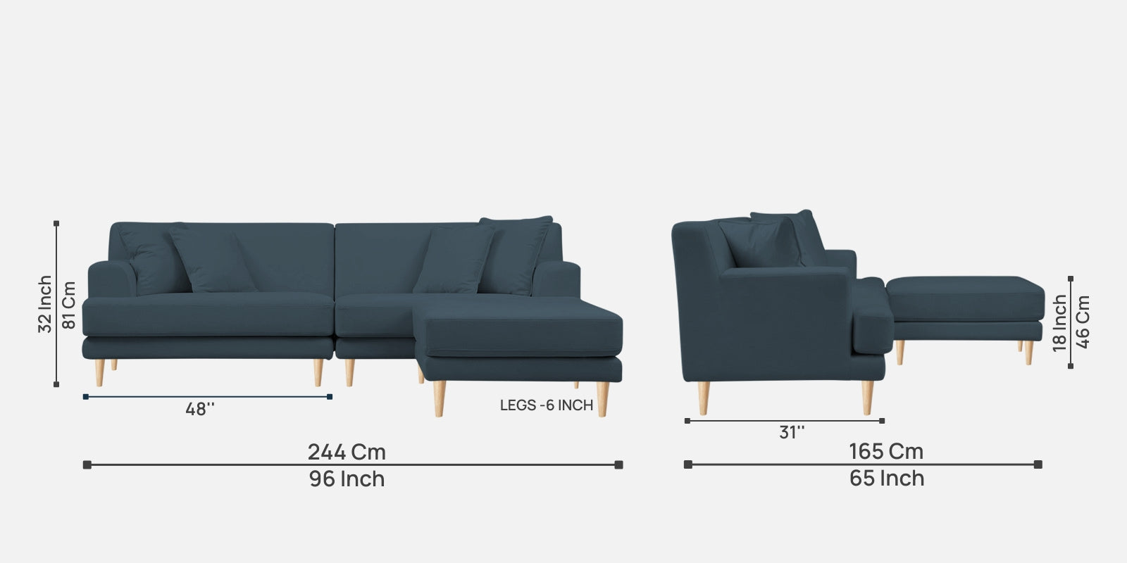 Woody Fabric LHS Sectional Sofa (3+Lounger) In Cobalt Blue Colour - Febonic Living