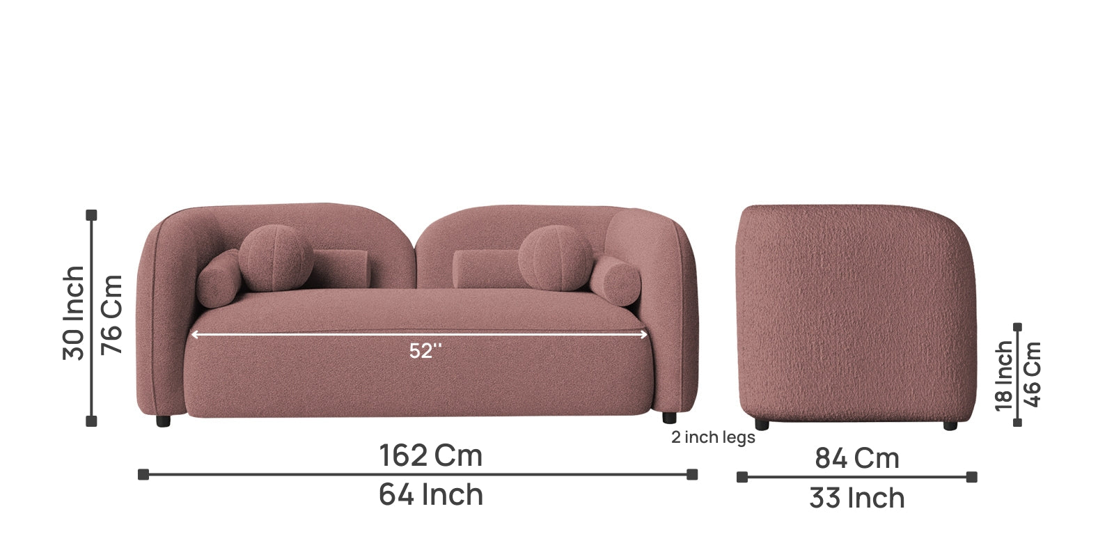 Corny Boucle Fabric 2 Seater Sofa In Rose Pink Colour - Febonic Living