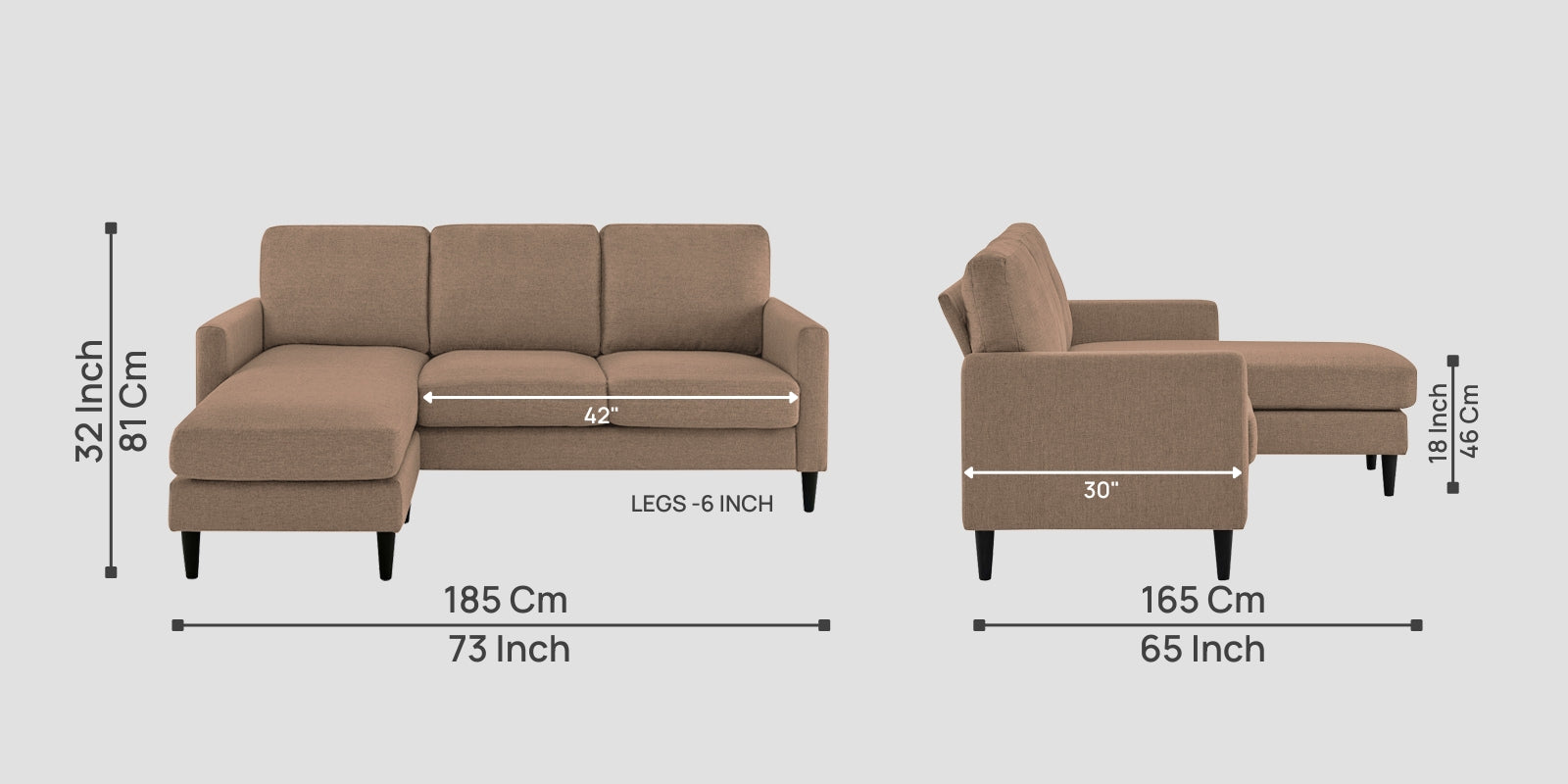Romie Fabric RHS Sectional Sofa (2+Lounger) In Cookie Beige Colour - Febonic Living